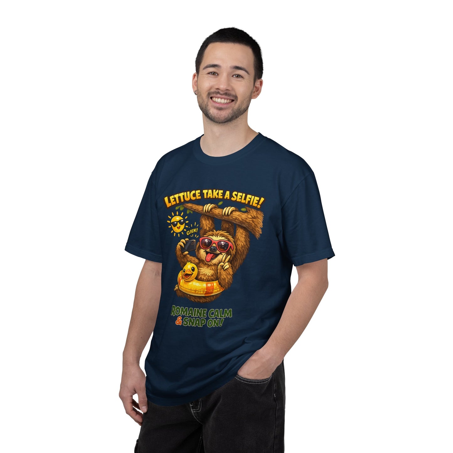 Romaine Calm & Snap On T-Shirt — 'Lettuce Take a Selfie' Sloth Graphic Tee