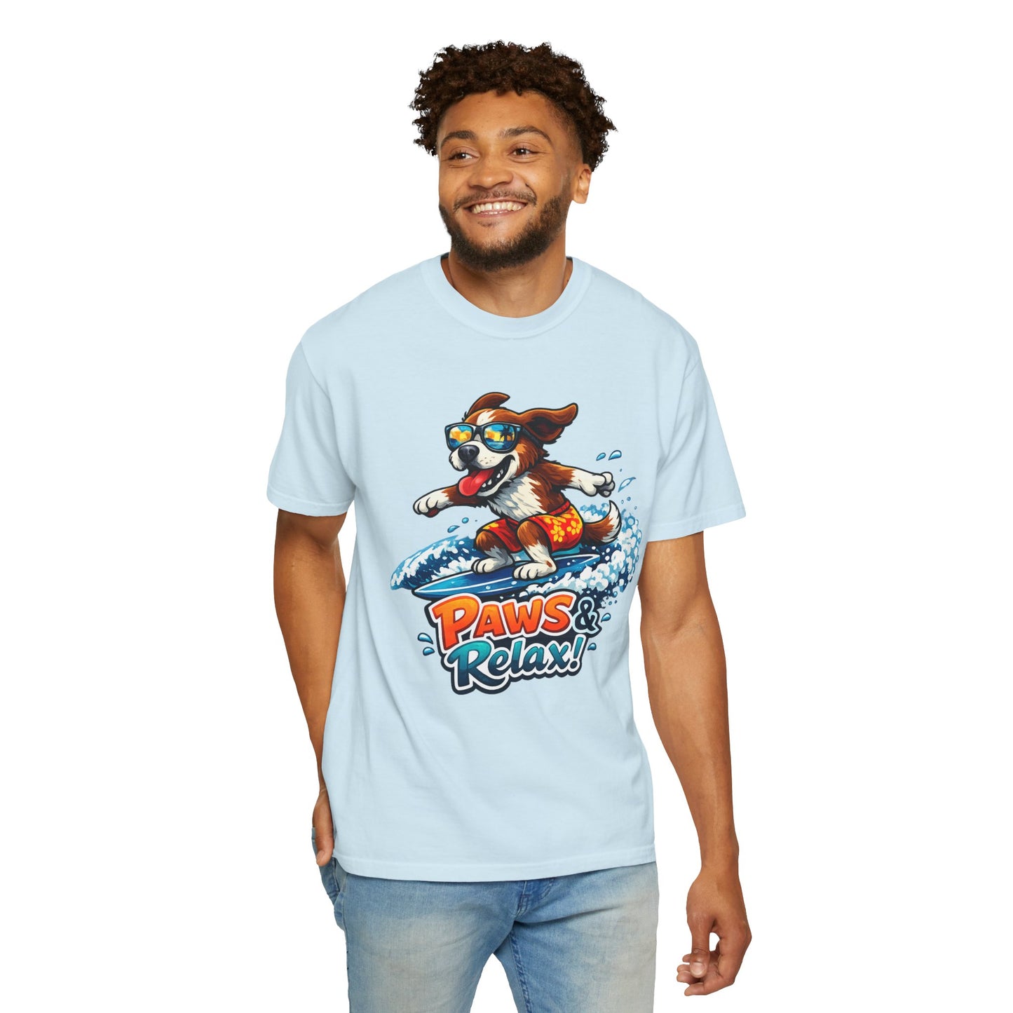 Surfing Dog T-Shirt — "Paws & Relax" Graphic Tee