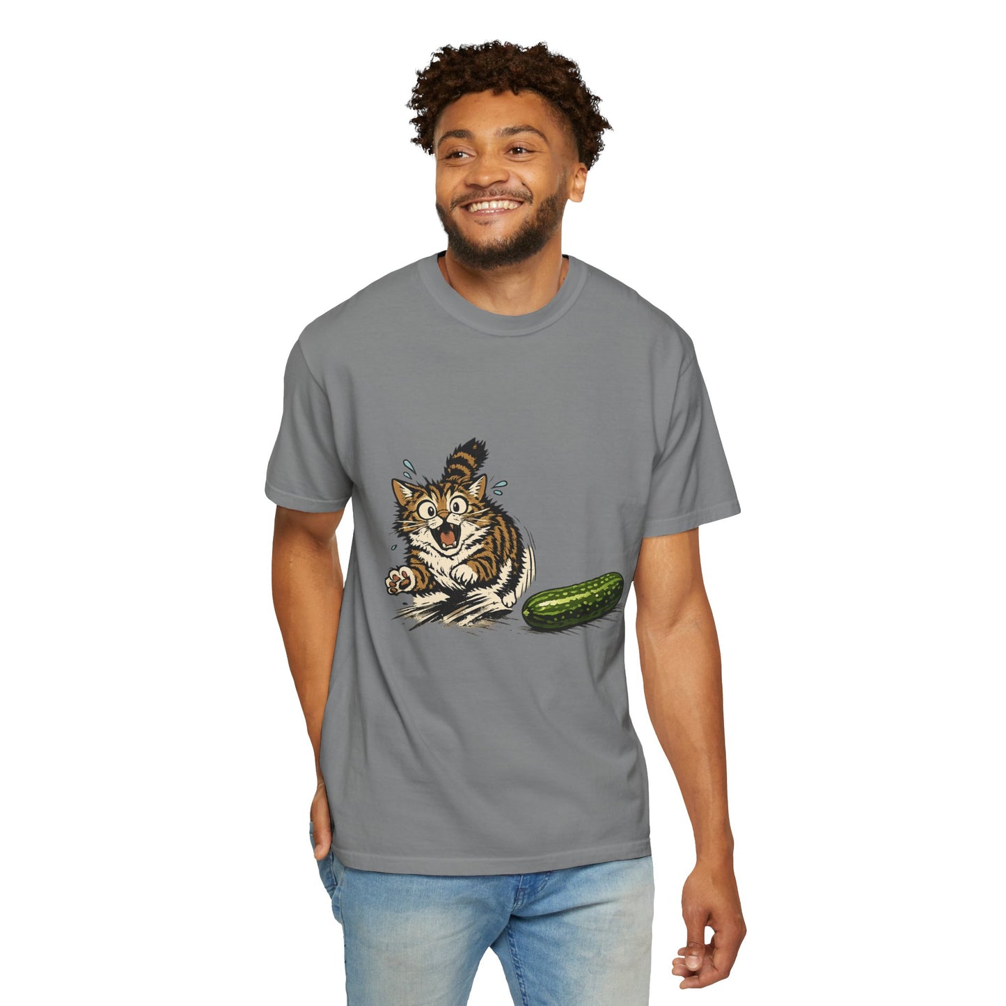 Cat and Cucumber Fear Graphic T-Shirt — Surprised Kitten with Cucumber Illustration