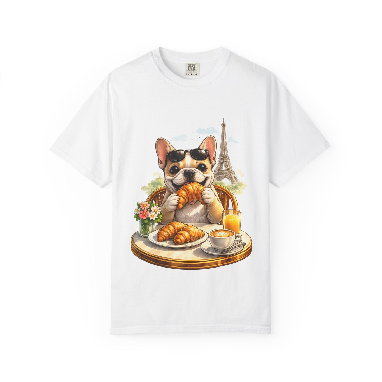 French Bulldog Breakfast T-Shirt — Croissant Café Tee with Eiffel Tower
