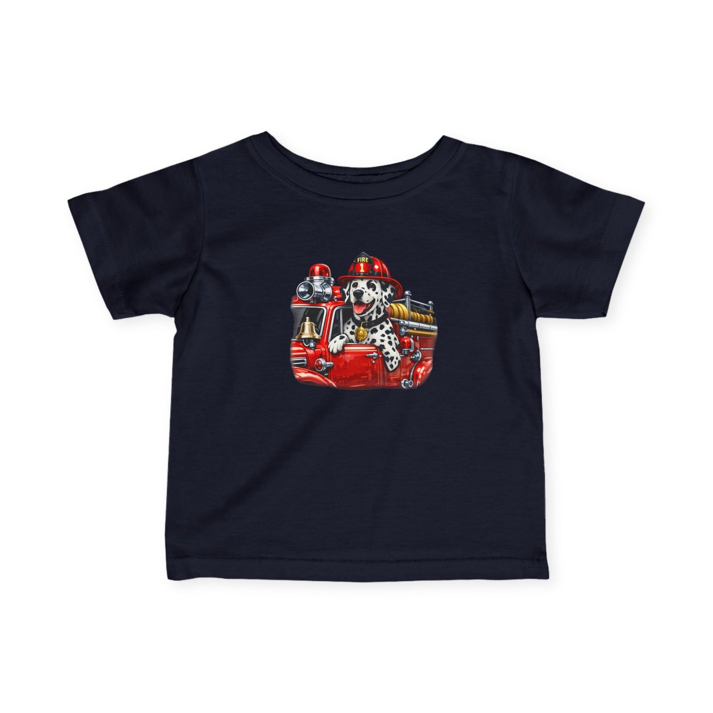 Infant Tee — Dalmatian Firetruck Baby Shirt (Firefighter Puppy Design)