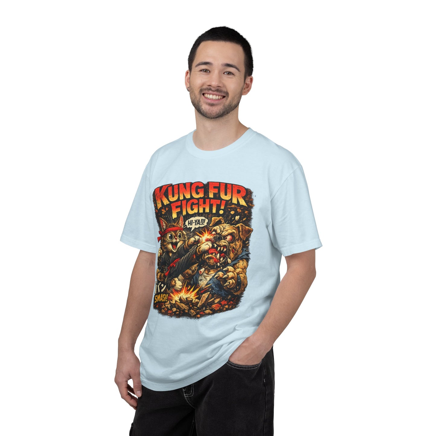 Kung Fur Fight T-Shirt — Retro Cat vs Dog Martial Arts Graphic Tee