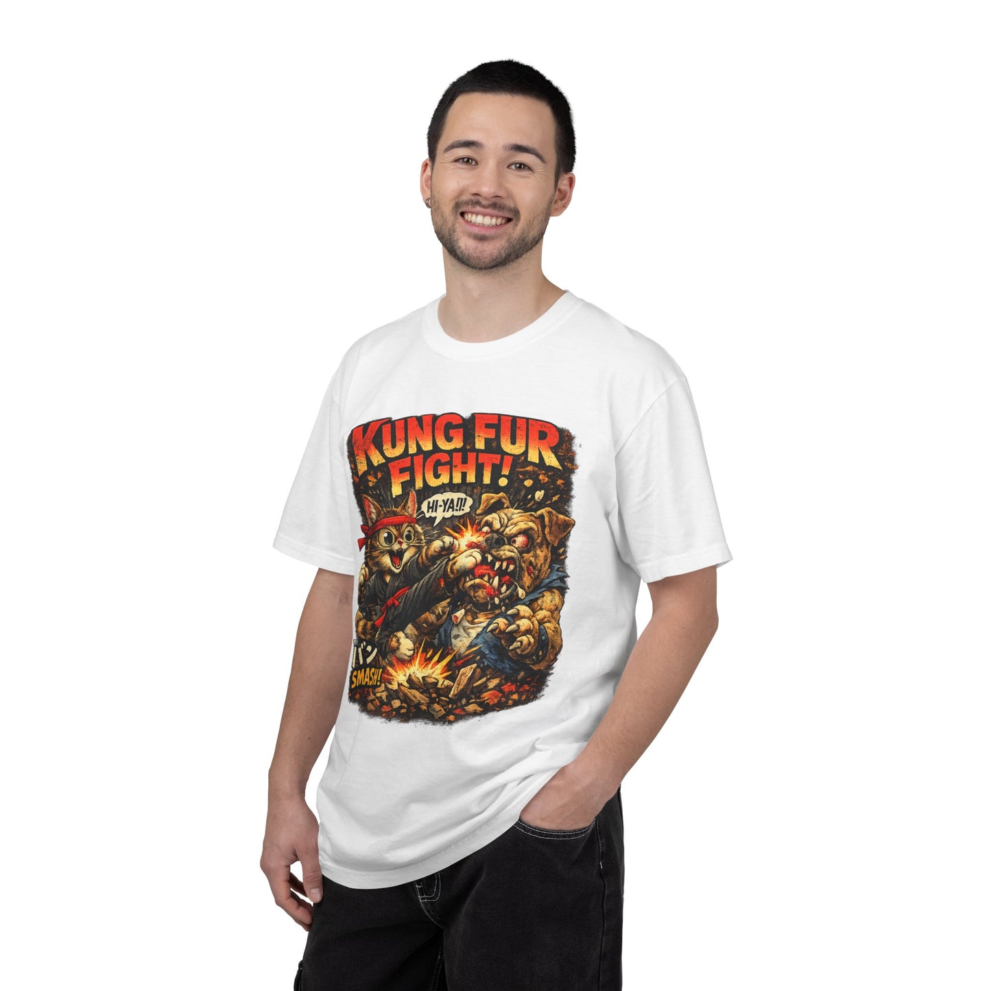Kung Fur Fight T-Shirt — Retro Cat vs Dog Martial Arts Graphic Tee