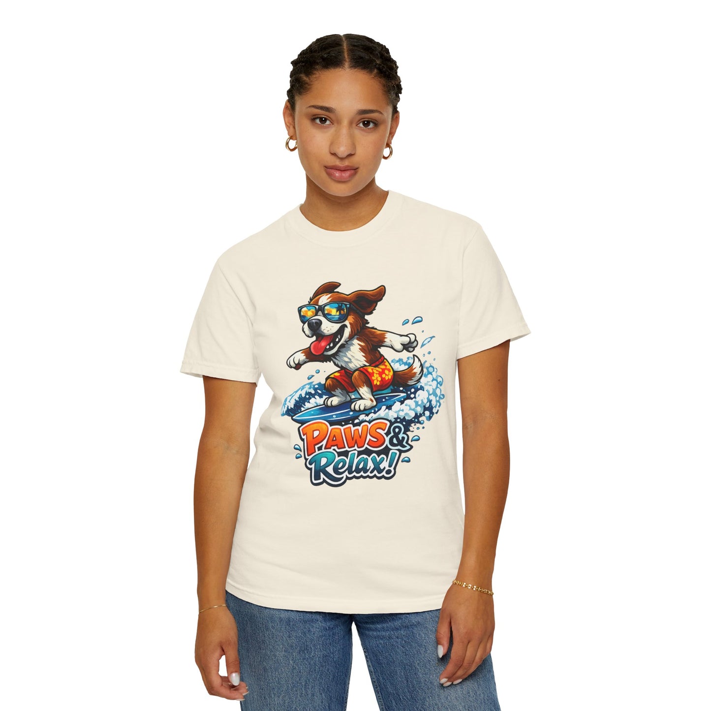 Surfing Dog T-Shirt — "Paws & Relax" Graphic Tee