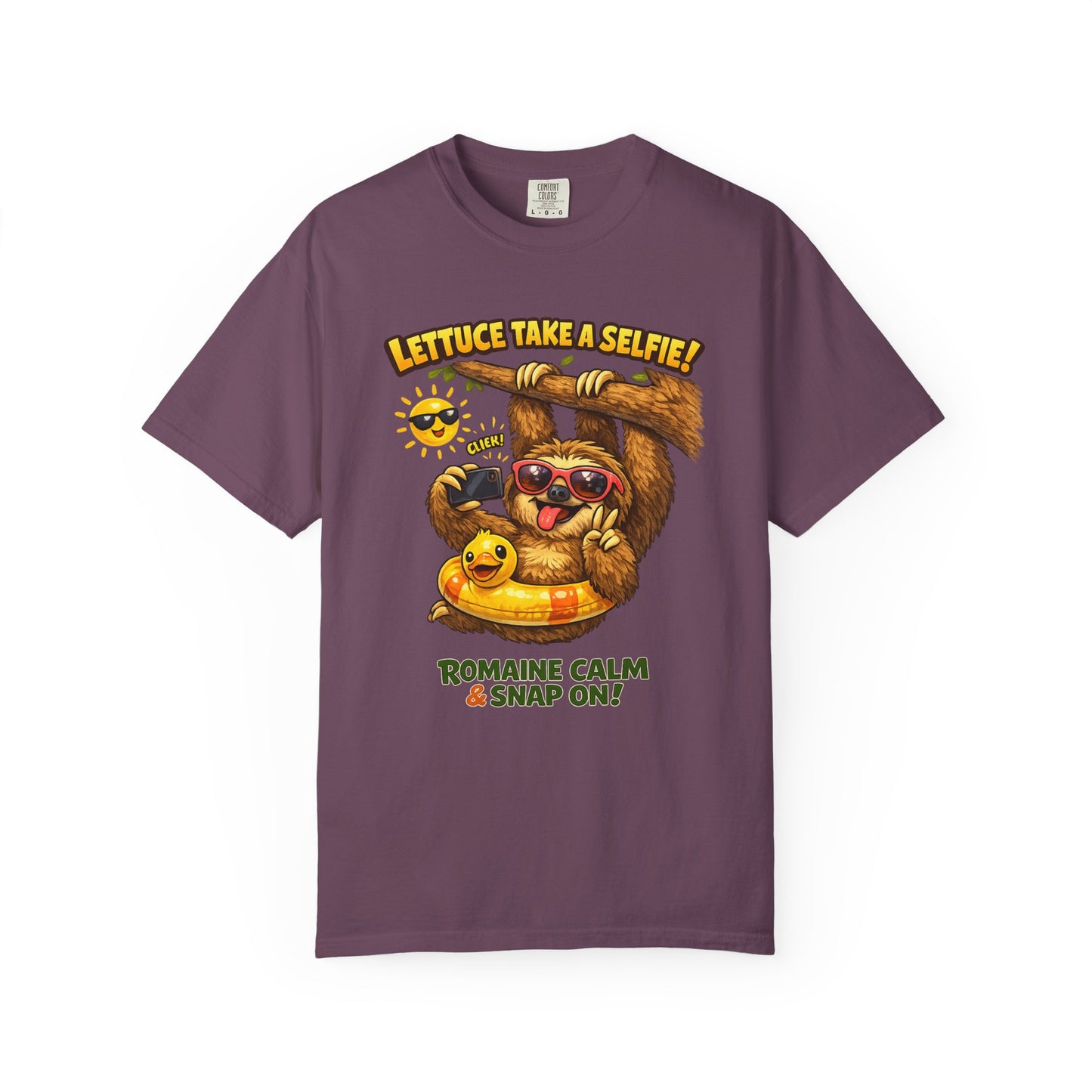 Romaine Calm & Snap On T-Shirt — 'Lettuce Take a Selfie' Sloth Graphic Tee