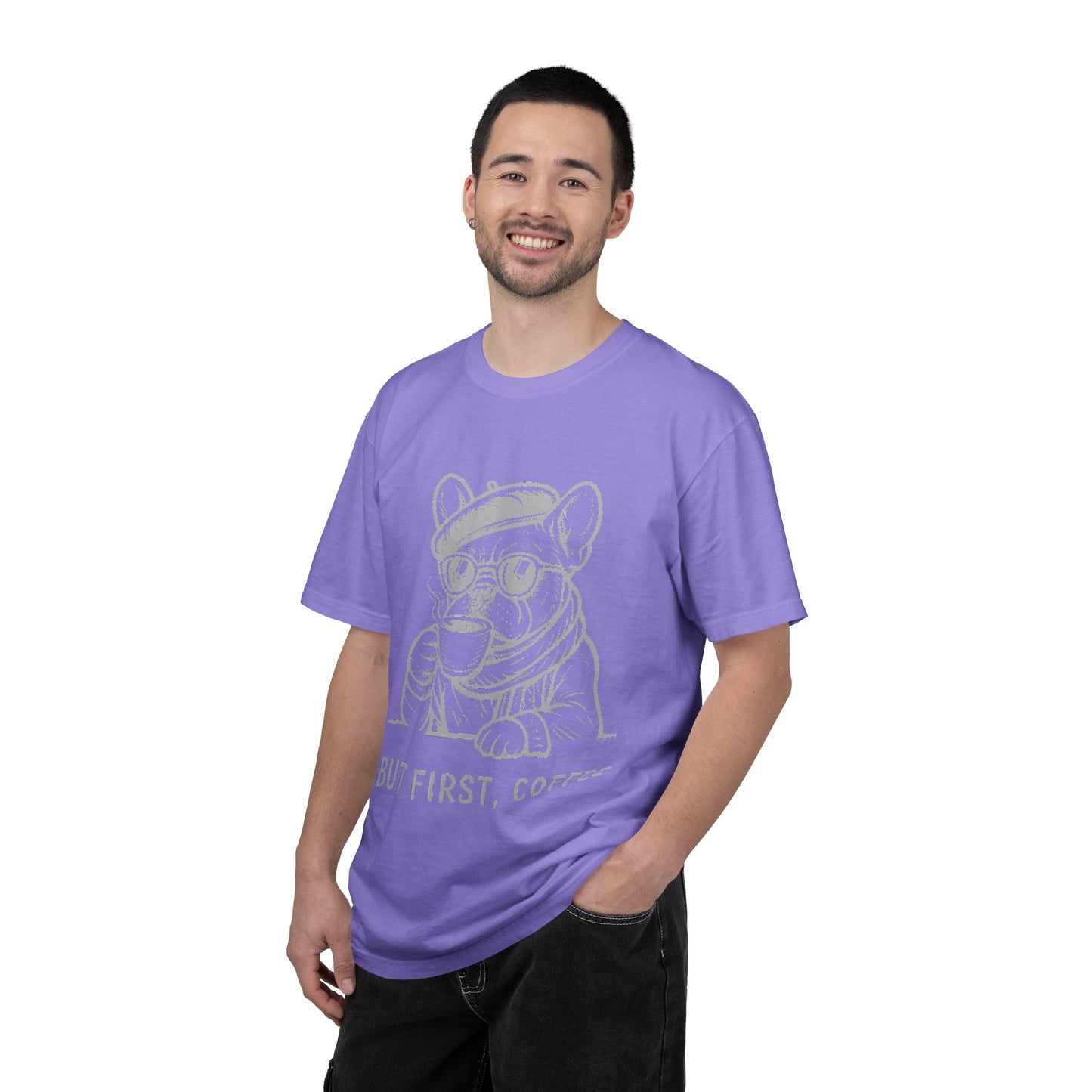 But First, Coffee T-Shirt — French Bulldog Drinking Coffee Graphic Tee