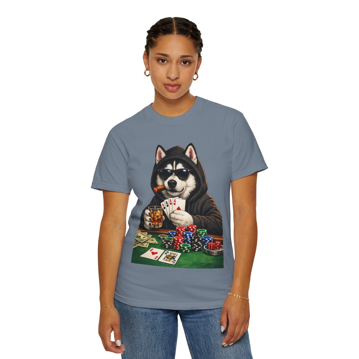 Poker Husky T-Shirt — Dog Playing Cards & Chips Graphic Tee