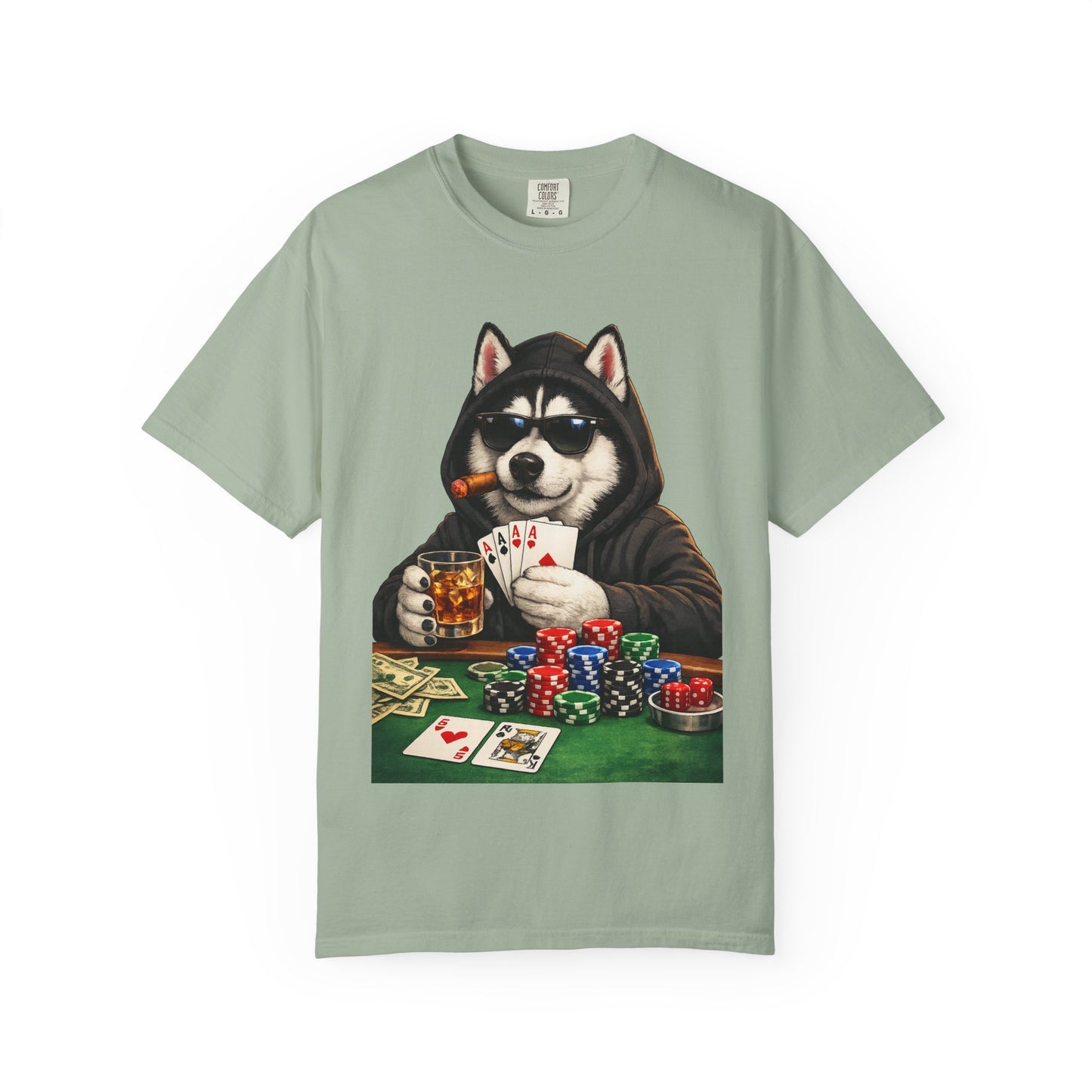 Poker Husky T-Shirt — Dog Playing Cards & Chips Graphic Tee