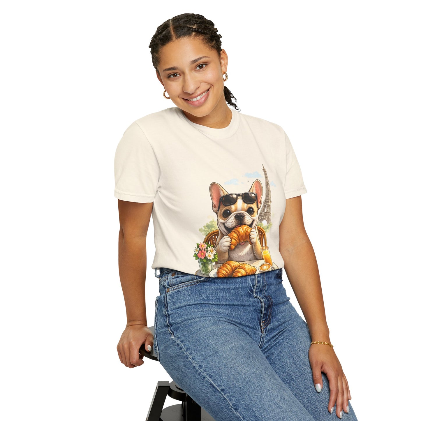 French Bulldog Breakfast T-Shirt — Croissant Café Tee with Eiffel Tower