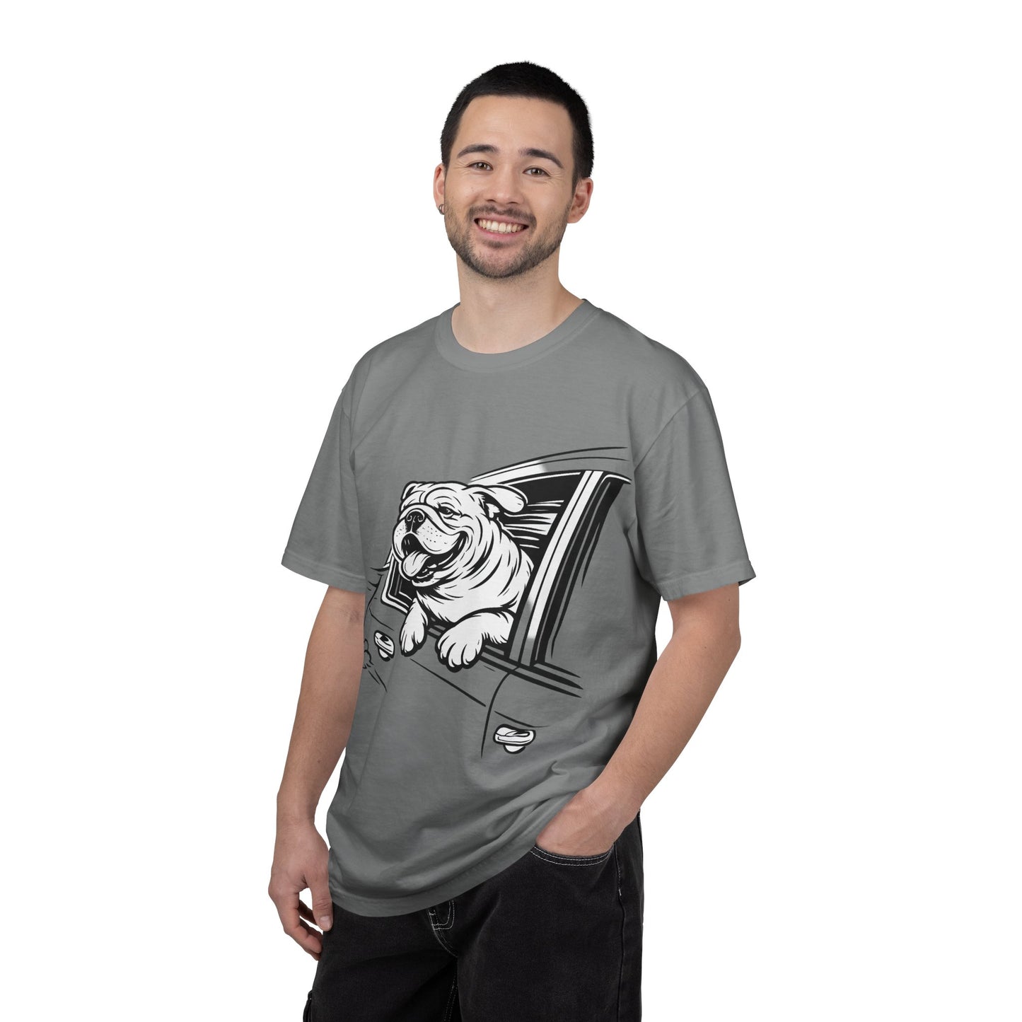 Bulldog Head Out Car Window T-Shirt — Cute Driving Dog Tee