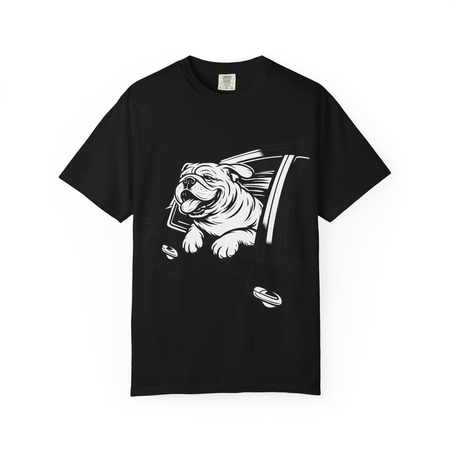 Bulldog Head Out Car Window T-Shirt — Cute Driving Dog Tee