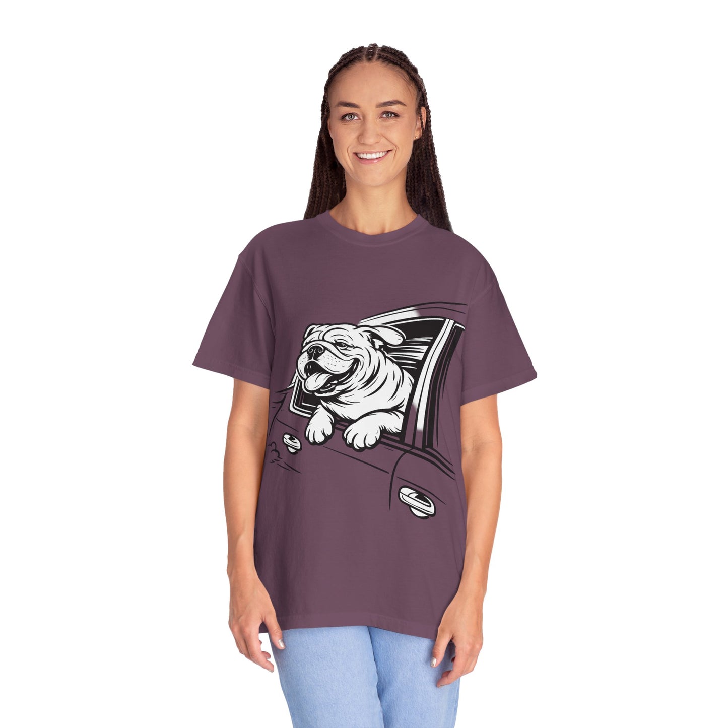 Bulldog Head Out Car Window T-Shirt — Cute Driving Dog Tee