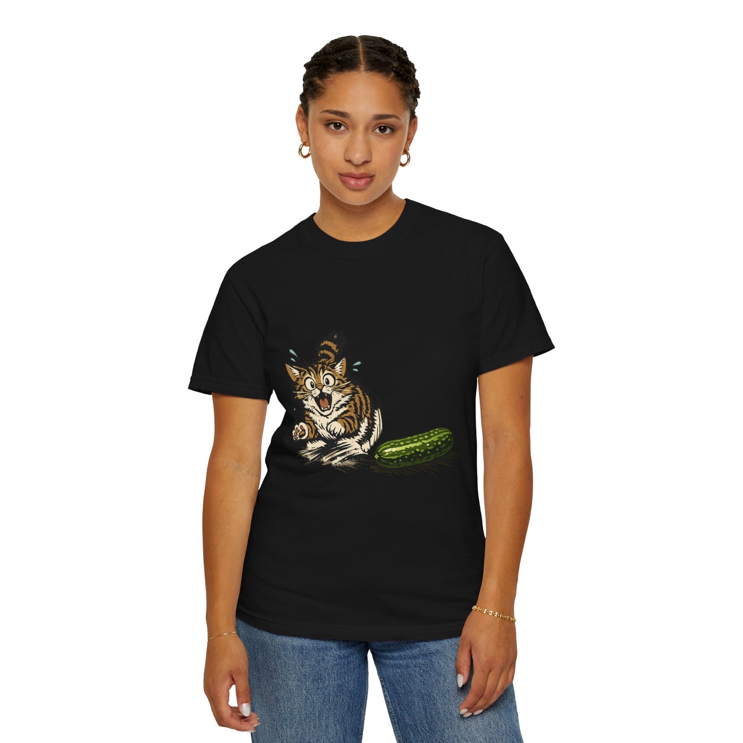 Cat and Cucumber Fear Graphic T-Shirt — Surprised Kitten with Cucumber Illustration