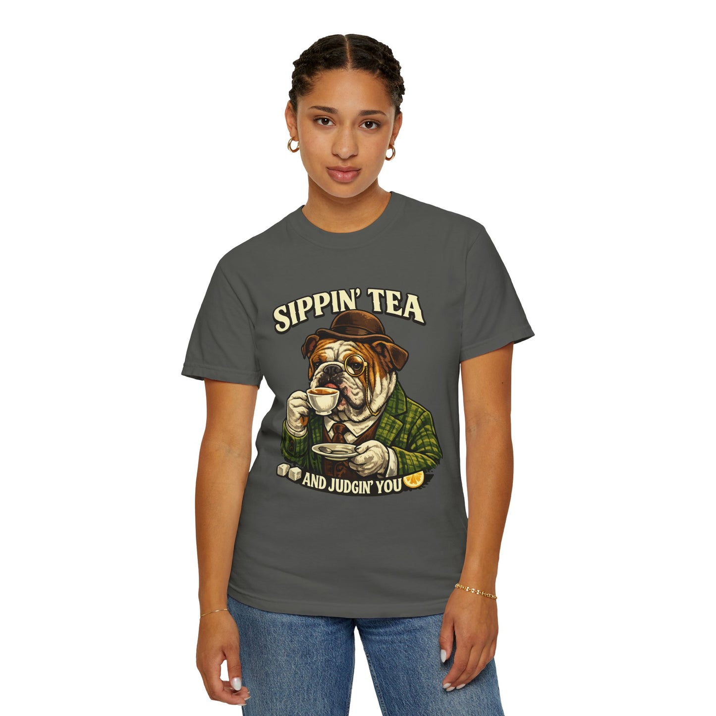 Sippin' Tea Bulldog Tee — "Sippin' Tea and Judgin' You" Graphic T-Shirt