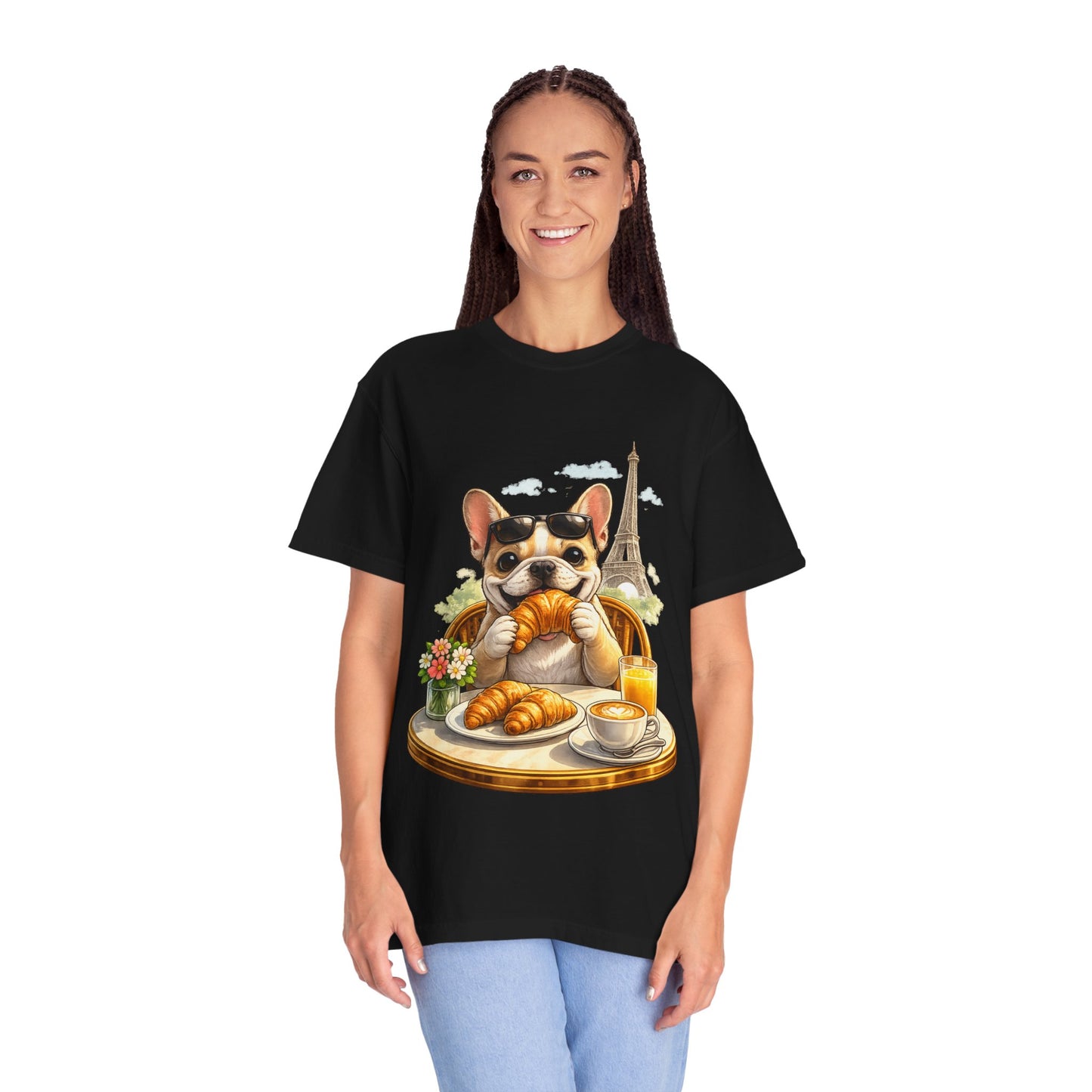 French Bulldog Breakfast T-Shirt — Croissant Café Tee with Eiffel Tower