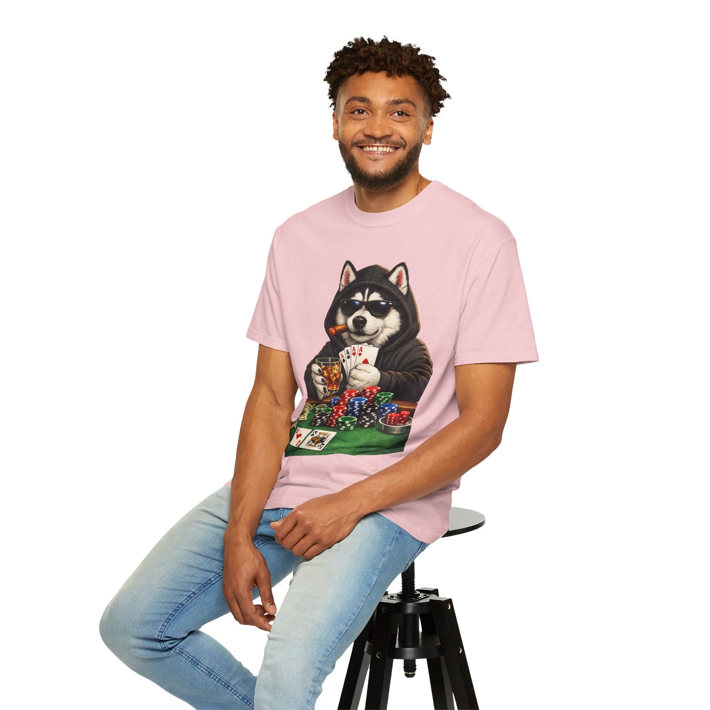 Poker Husky T-Shirt — Dog Playing Cards & Chips Graphic Tee