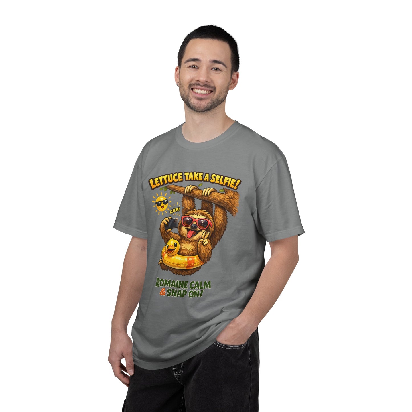 Romaine Calm & Snap On T-Shirt — 'Lettuce Take a Selfie' Sloth Graphic Tee