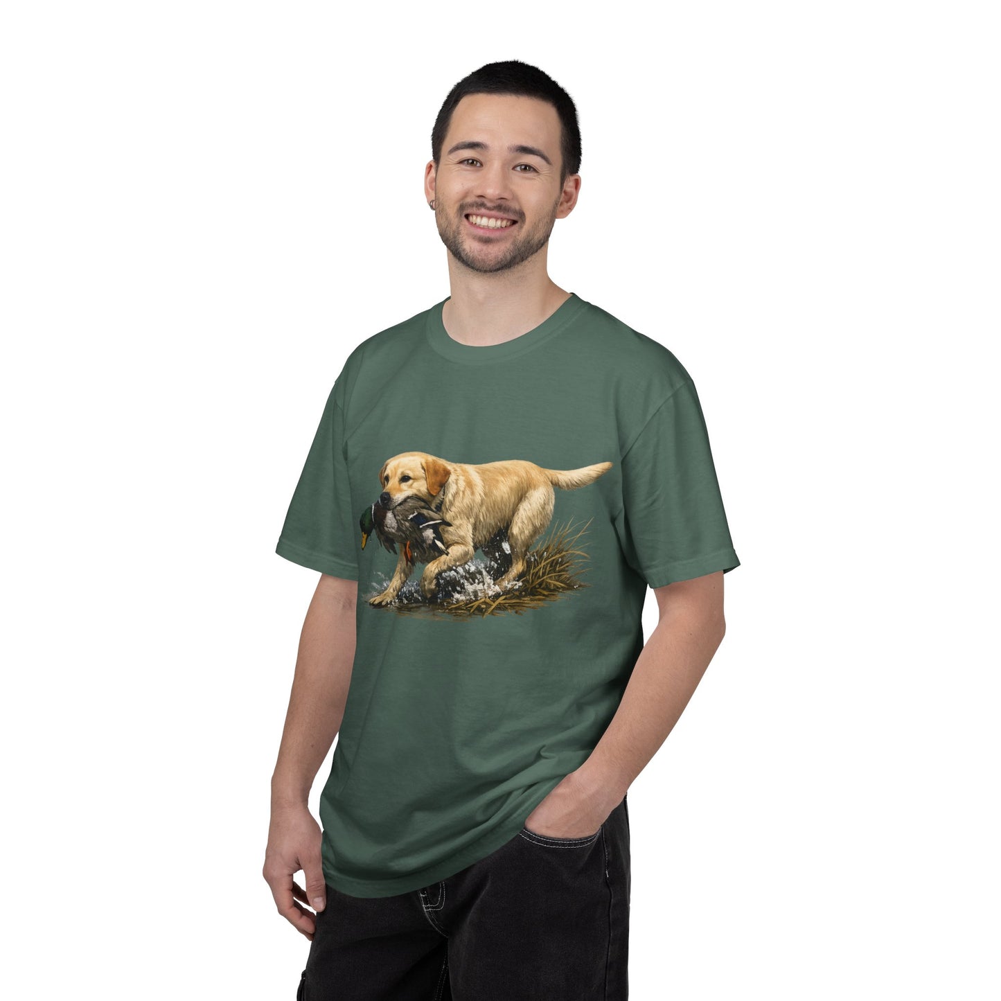 Labrador Retriever Hunting Dog T-Shirt — Yellow Lab with Duck Graphic