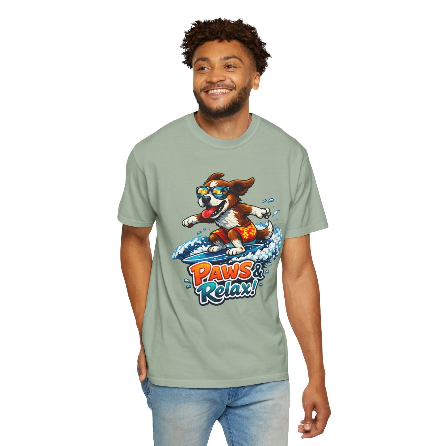 Surfing Dog T-Shirt — "Paws & Relax" Graphic Tee