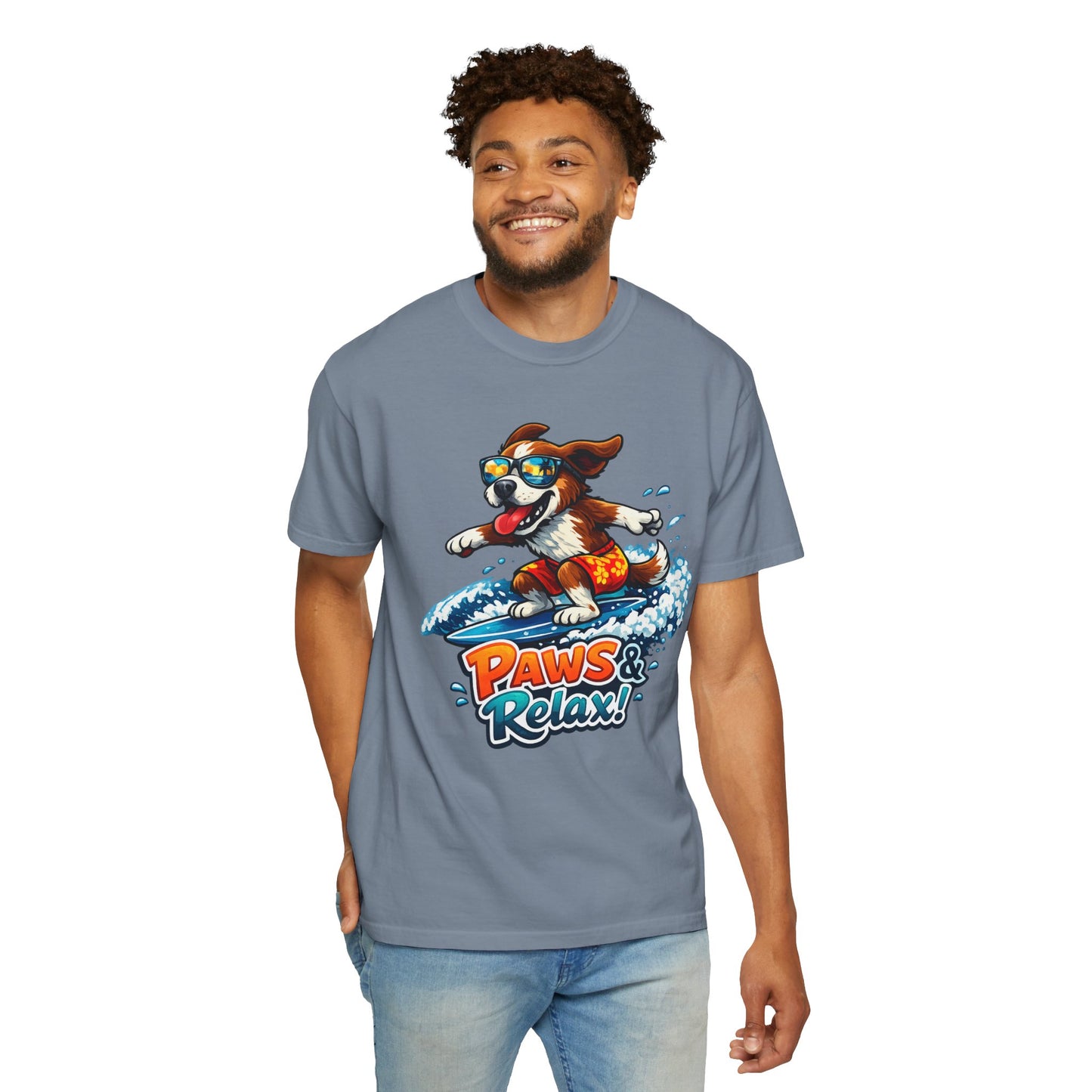 Surfing Dog T-Shirt — "Paws & Relax" Graphic Tee