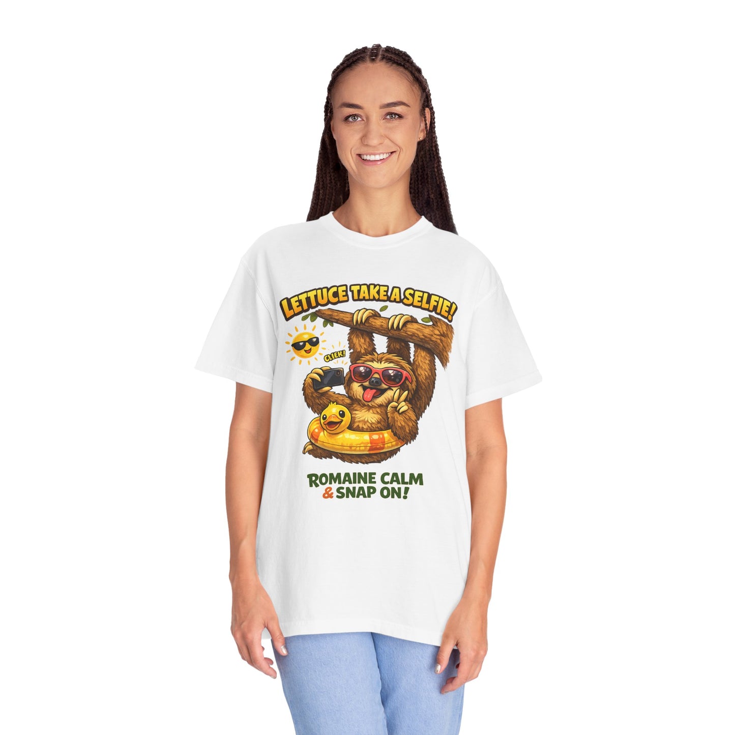 Romaine Calm & Snap On T-Shirt — 'Lettuce Take a Selfie' Sloth Graphic Tee