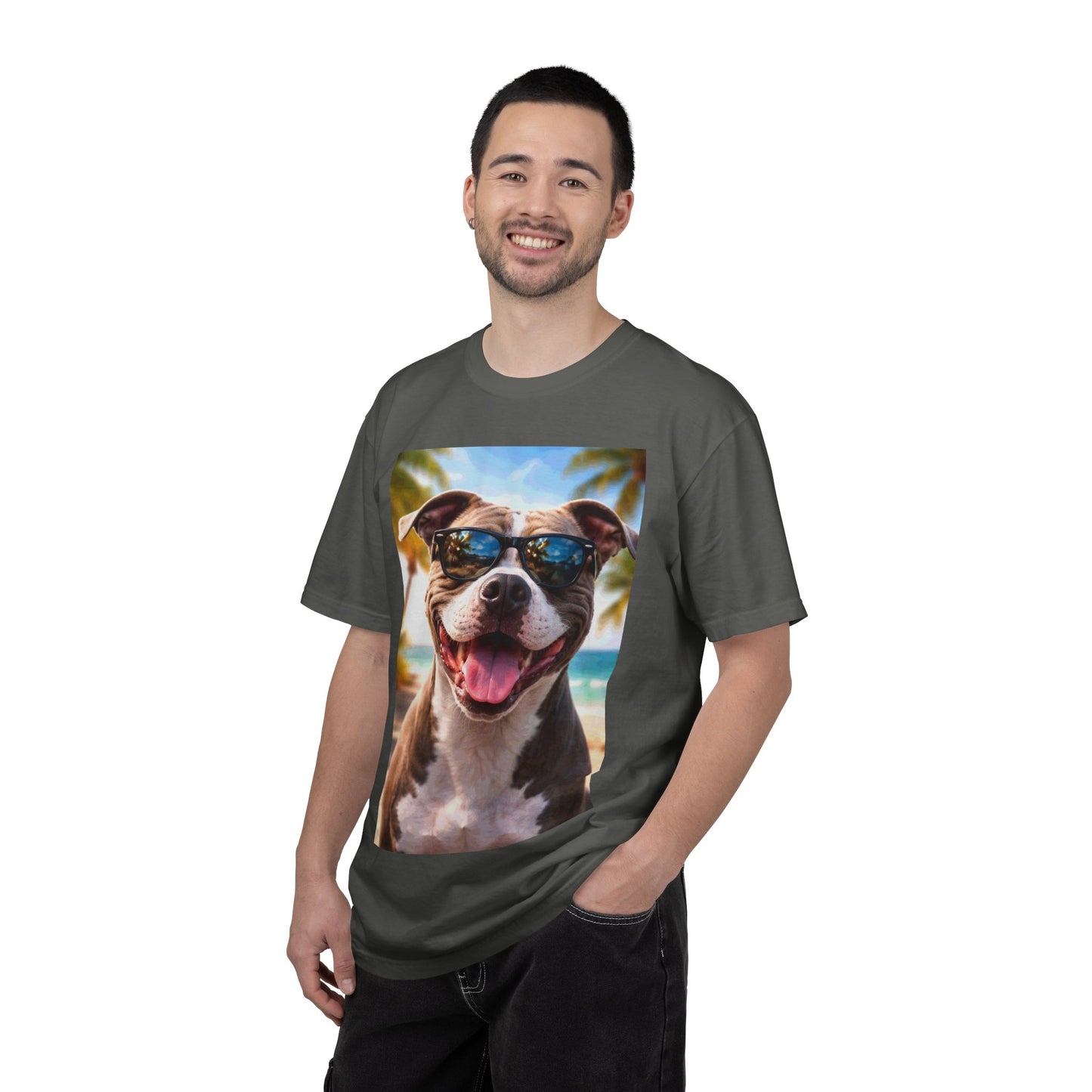 Happy Dog in Sunglasses T-Shirt — Summer Beach Pitbull Graphic Tee