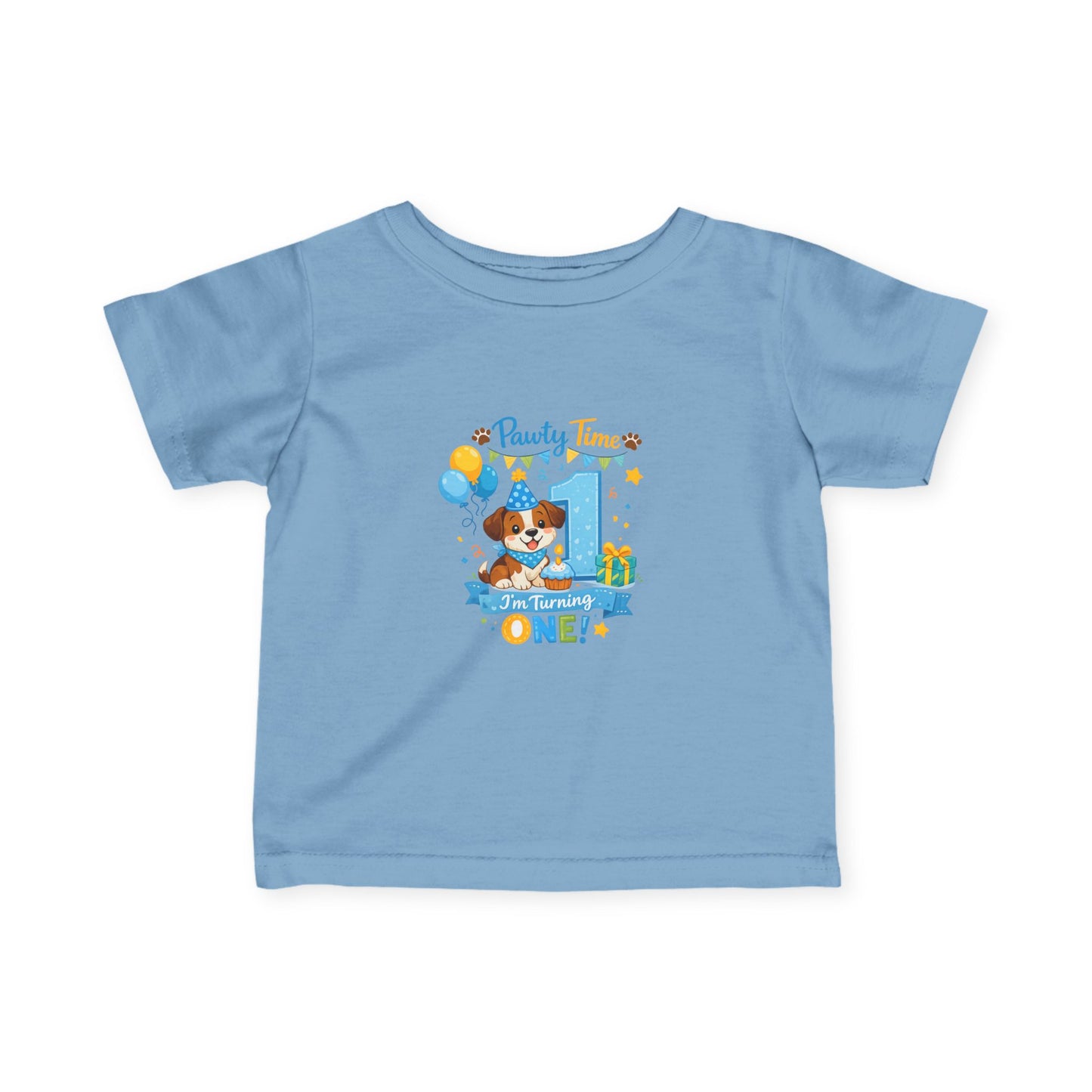 1st Birthday Infant Tee — "Party Time! Turning One" Cute Puppy Balloon Design