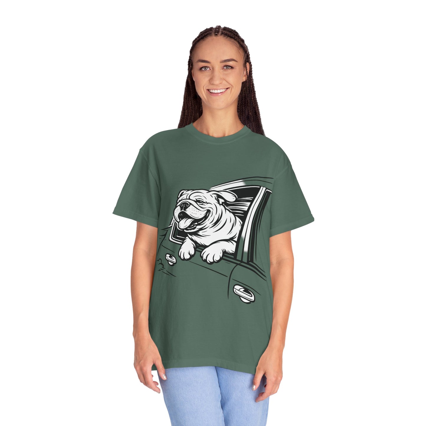 Bulldog Head Out Car Window T-Shirt — Cute Driving Dog Tee