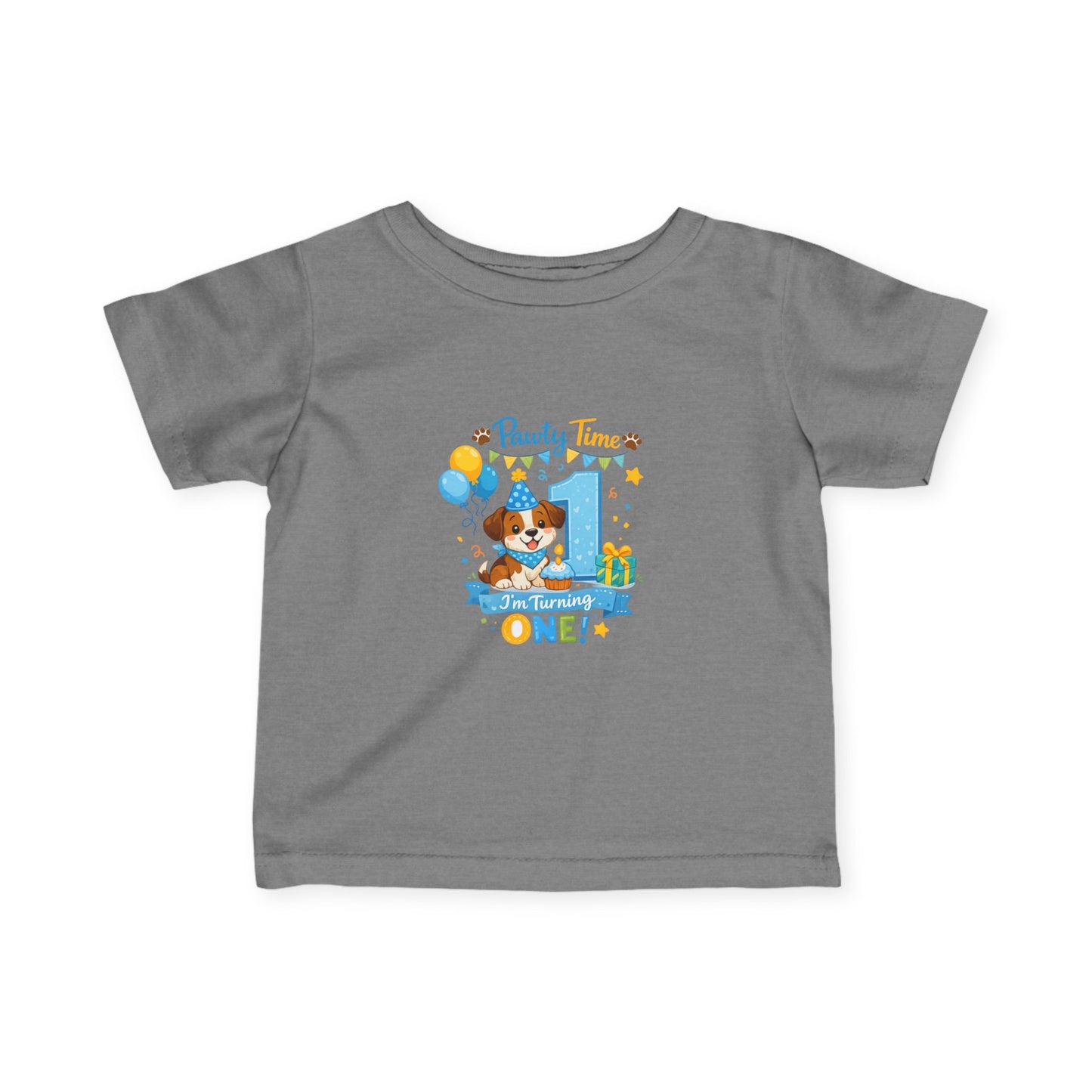 1st Birthday Infant Tee — "Party Time! Turning One" Cute Puppy Balloon Design
