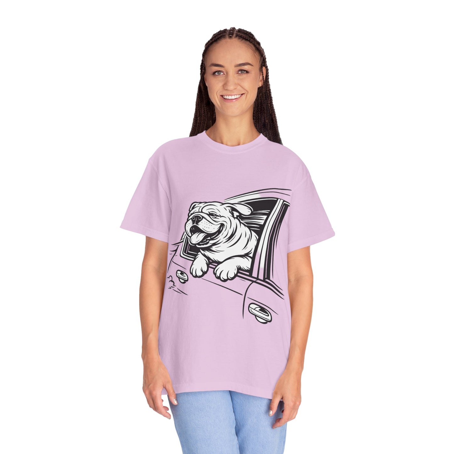 Bulldog Head Out Car Window T-Shirt — Cute Driving Dog Tee