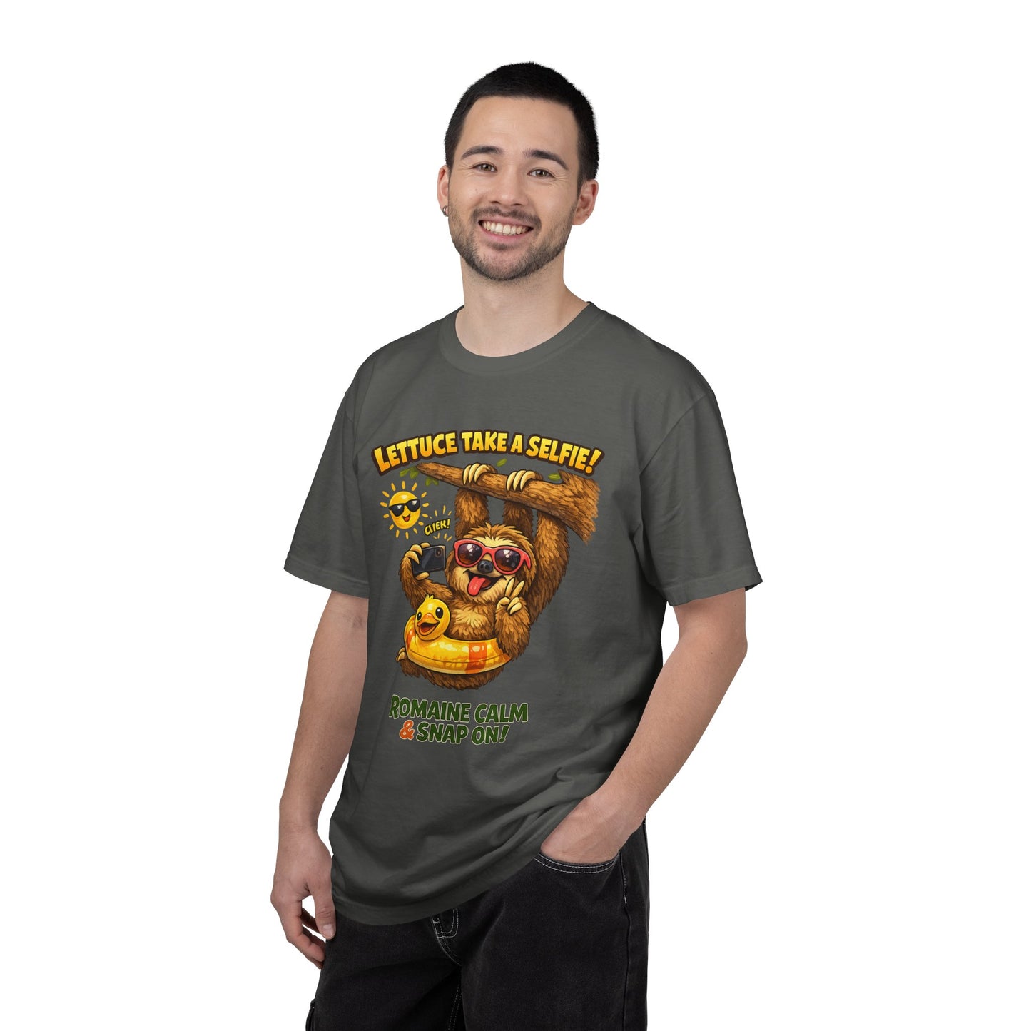 Romaine Calm & Snap On T-Shirt — 'Lettuce Take a Selfie' Sloth Graphic Tee