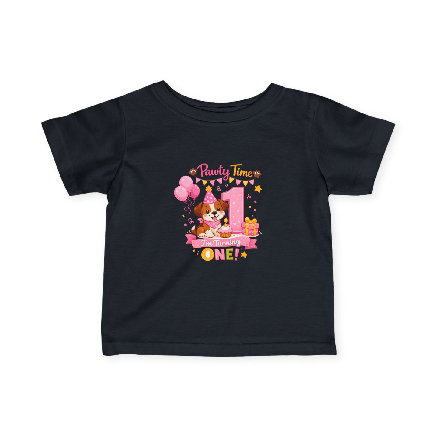 Girls First Birthday Infant Tee — "Party Time One!" Pink Puppy 1st Birthday Shirt