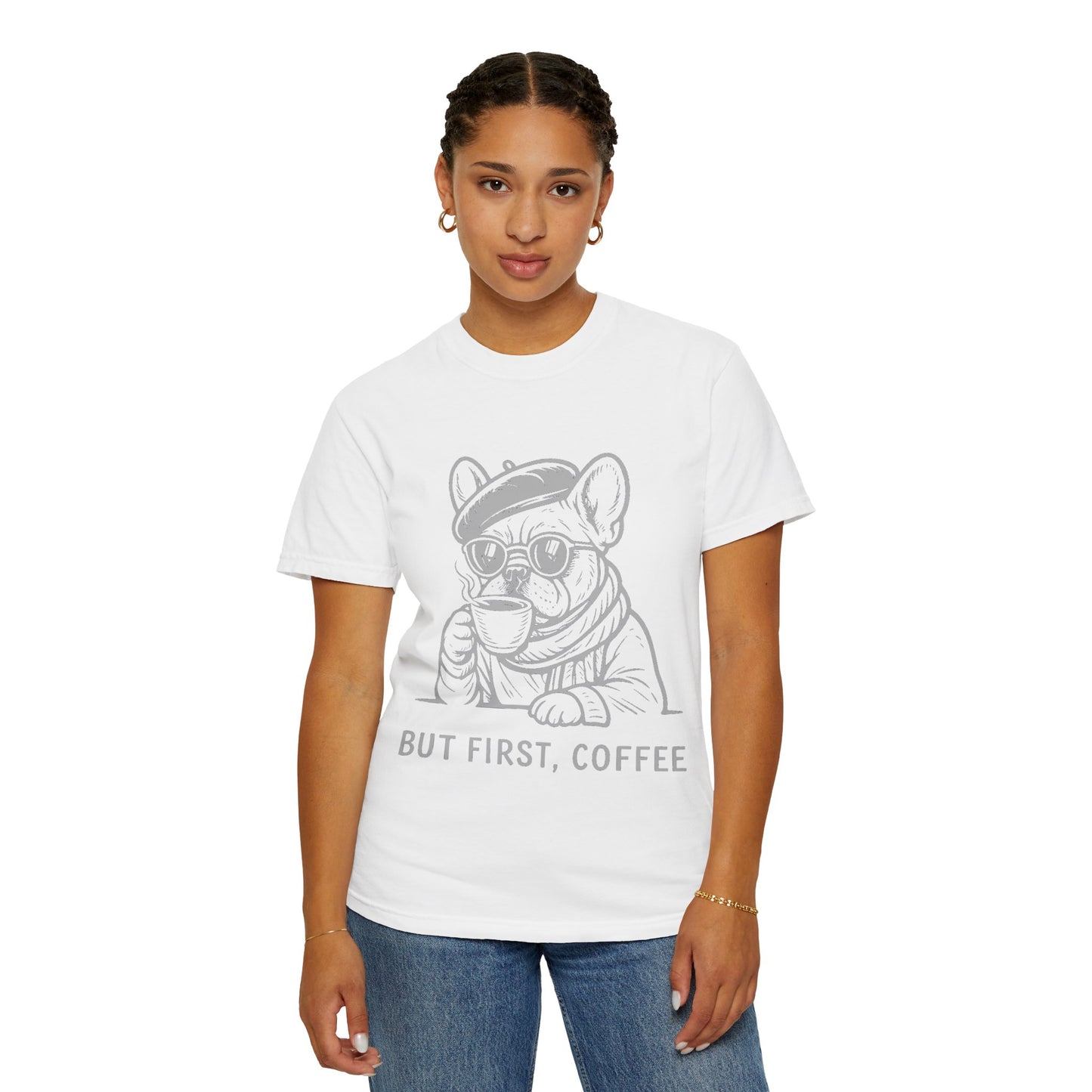 But First, Coffee T-Shirt — French Bulldog Drinking Coffee Graphic Tee
