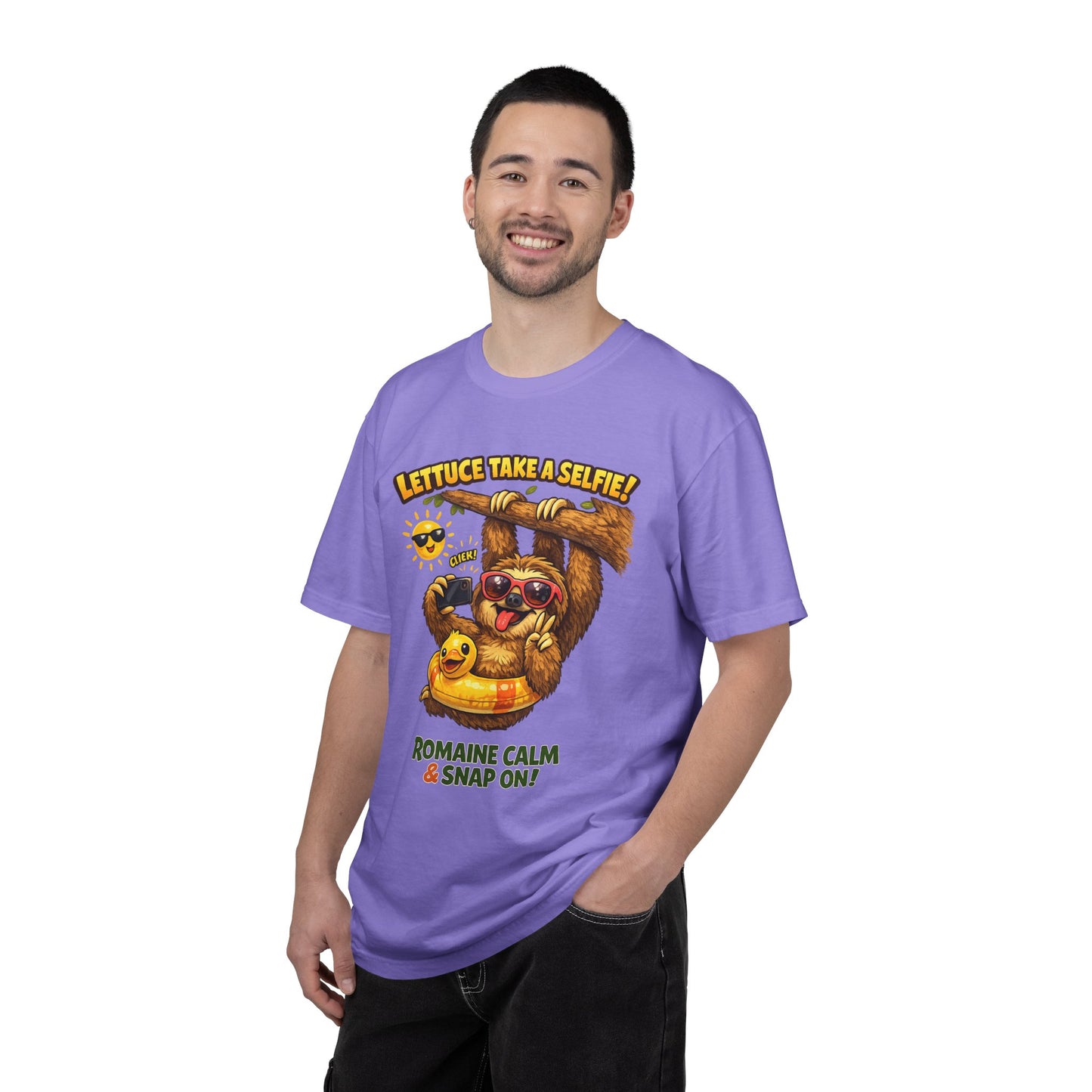 Romaine Calm & Snap On T-Shirt — 'Lettuce Take a Selfie' Sloth Graphic Tee