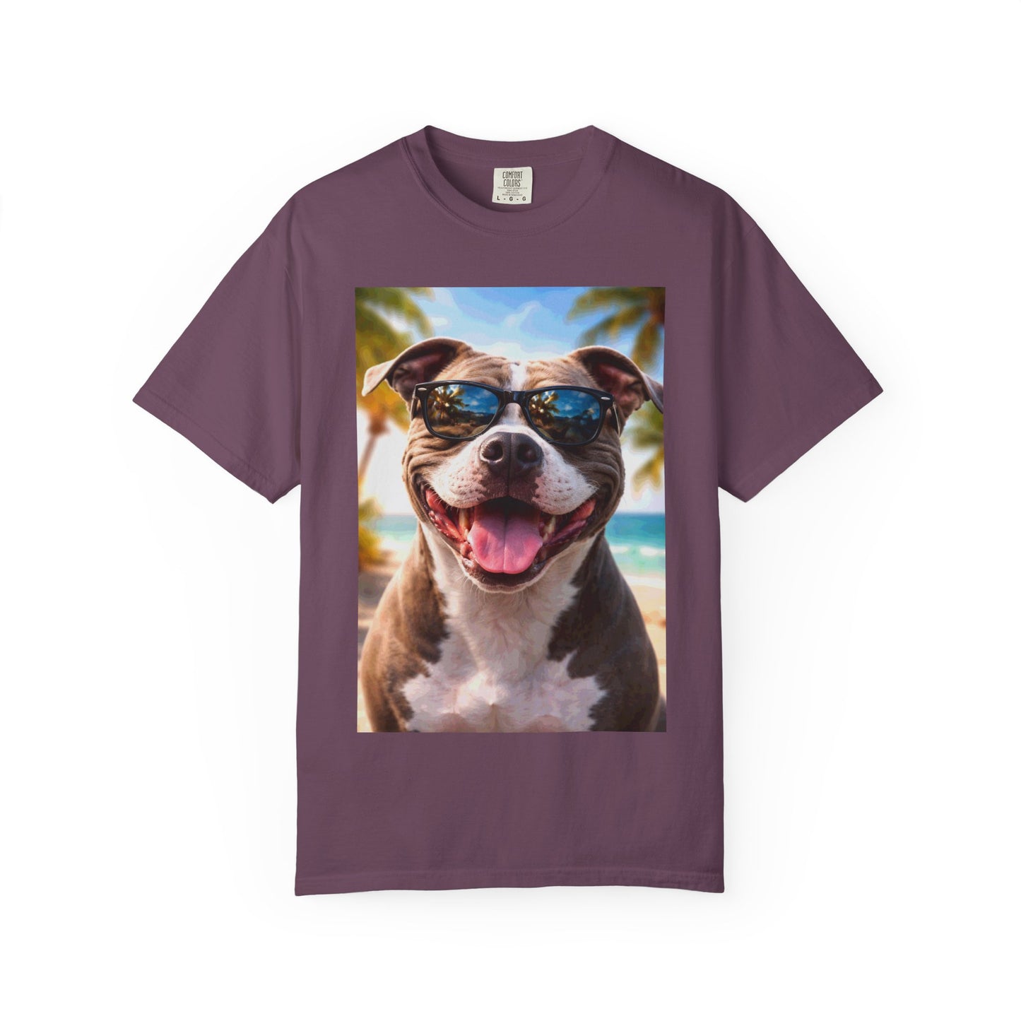 Happy Dog in Sunglasses T-Shirt — Summer Beach Pitbull Graphic Tee