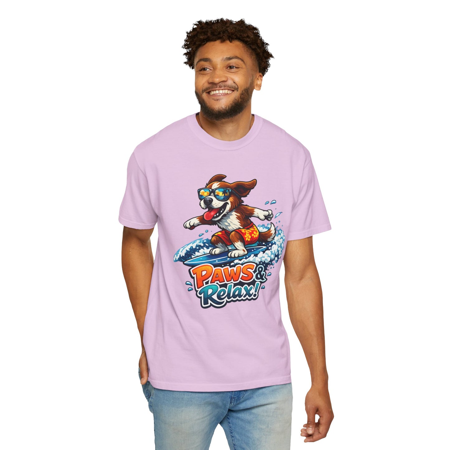 Surfing Dog T-Shirt — "Paws & Relax" Graphic Tee
