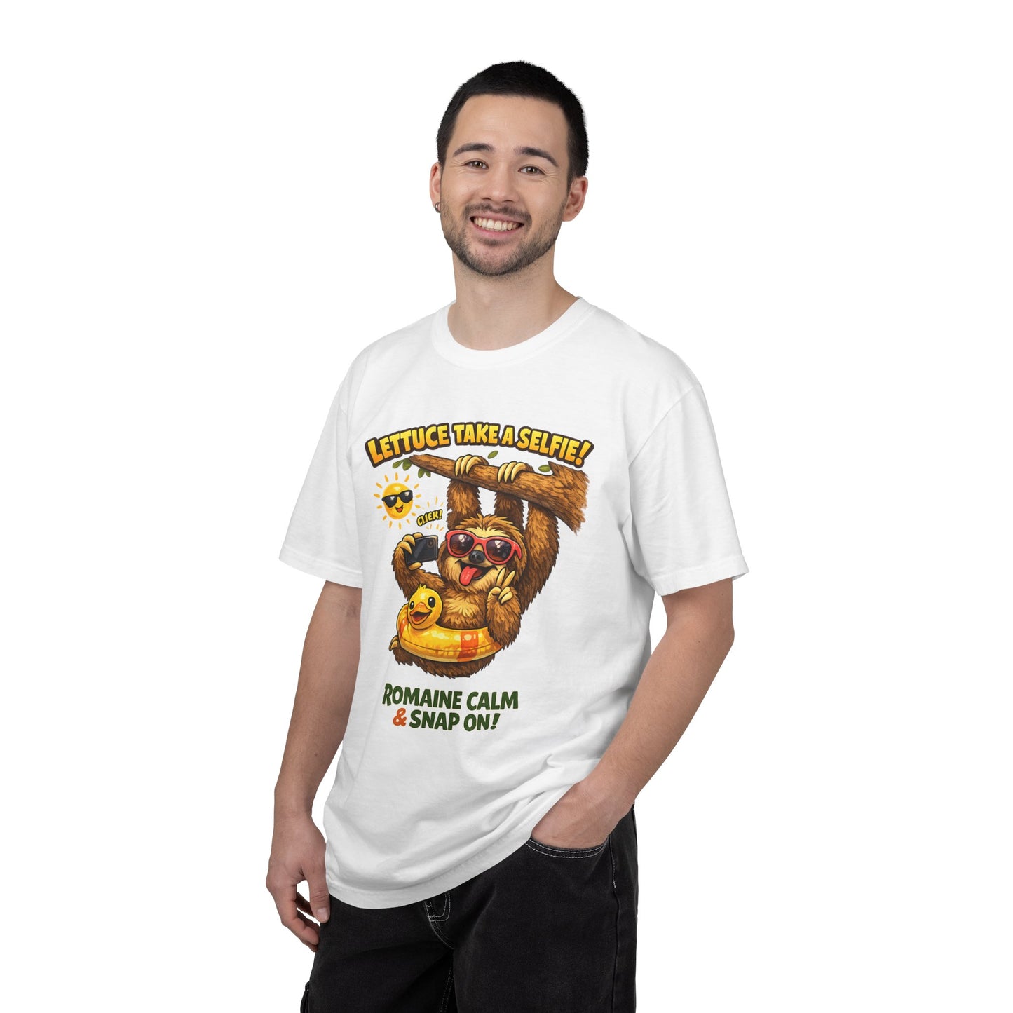 Romaine Calm & Snap On T-Shirt — 'Lettuce Take a Selfie' Sloth Graphic Tee
