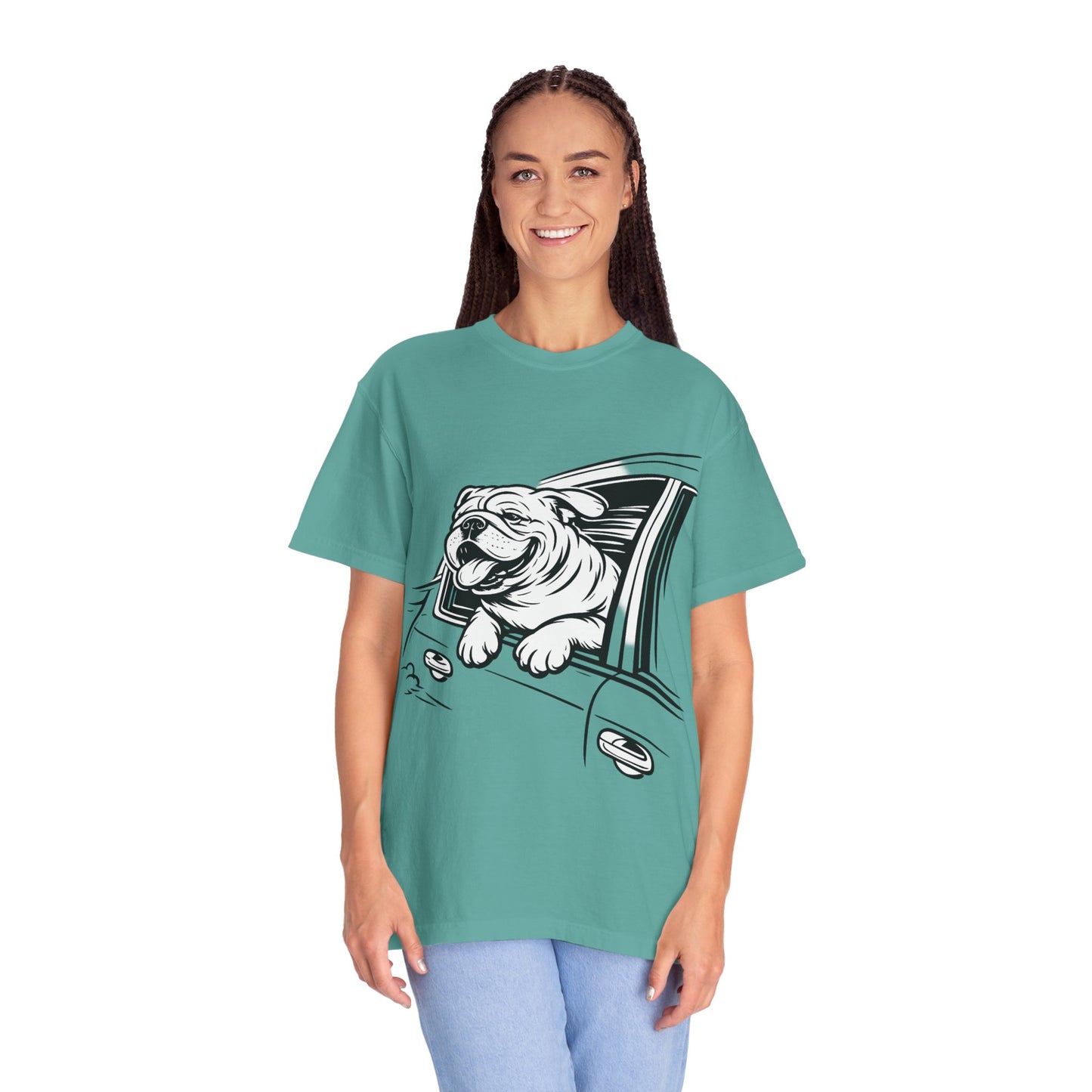 Bulldog Head Out Car Window T-Shirt — Cute Driving Dog Tee
