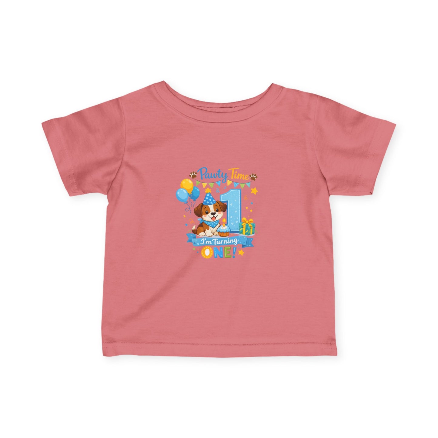 1st Birthday Infant Tee — "Party Time! Turning One" Cute Puppy Balloon Design