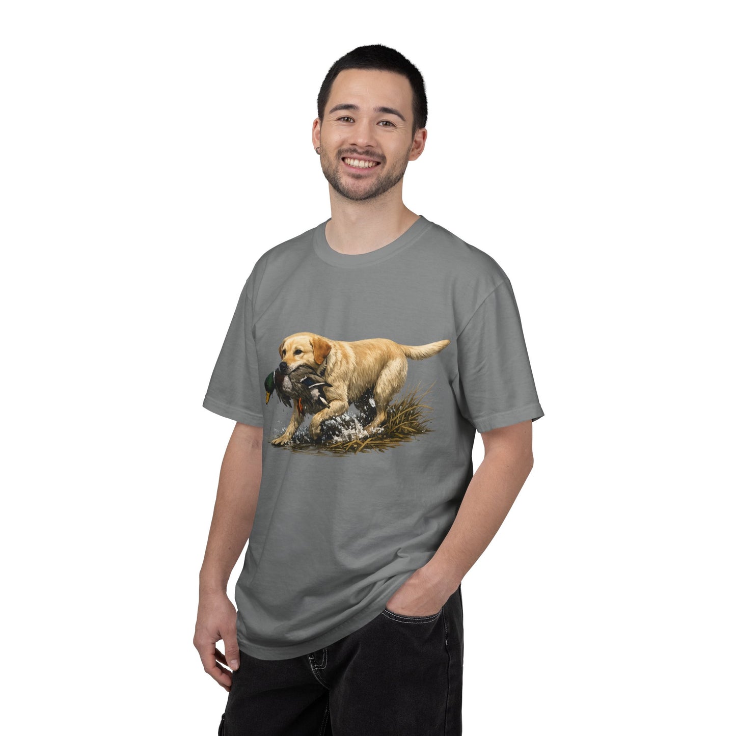 Labrador Retriever Hunting Dog T-Shirt — Yellow Lab with Duck Graphic
