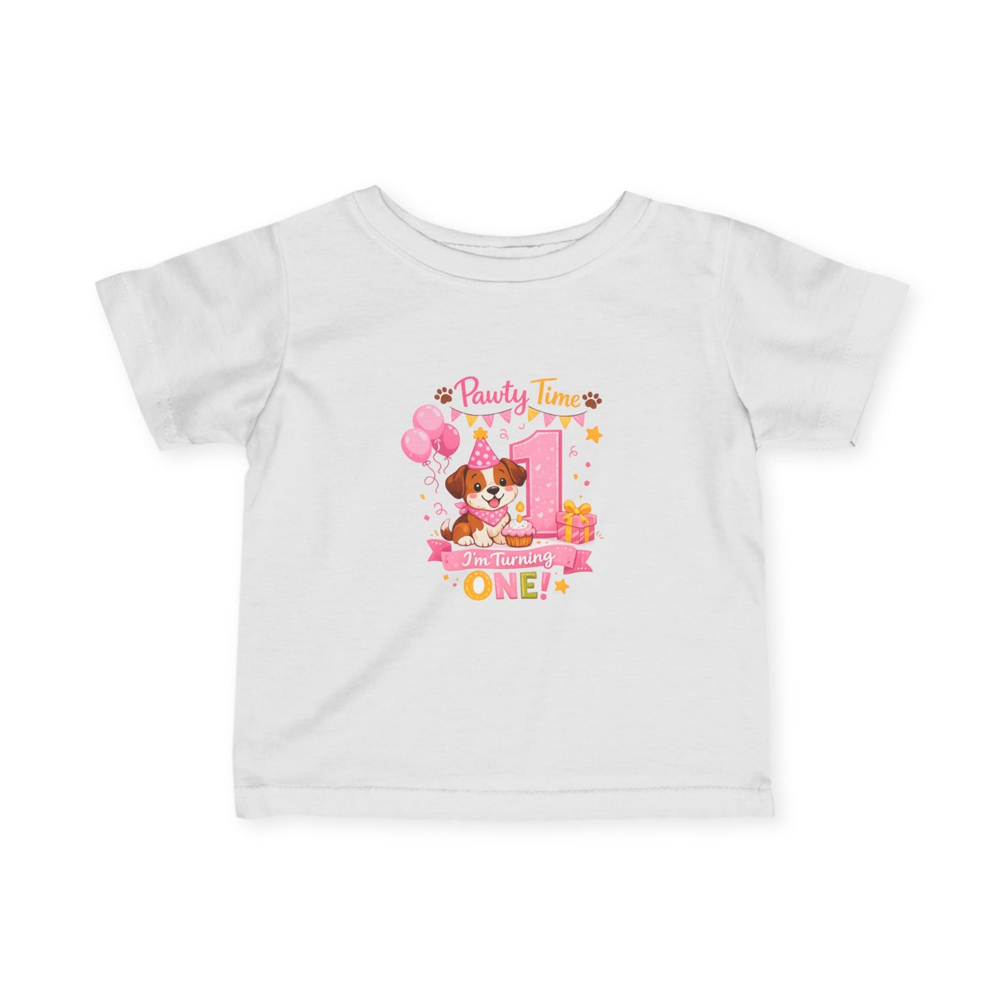 Girls First Birthday Infant Tee — "Party Time One!" Pink Puppy 1st Birthday Shirt