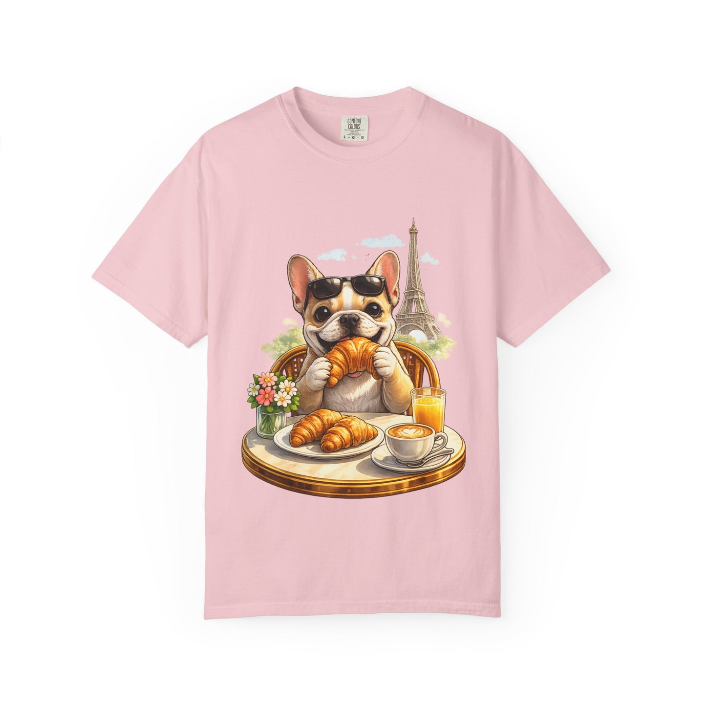 French Bulldog Breakfast T-Shirt — Croissant Café Tee with Eiffel Tower