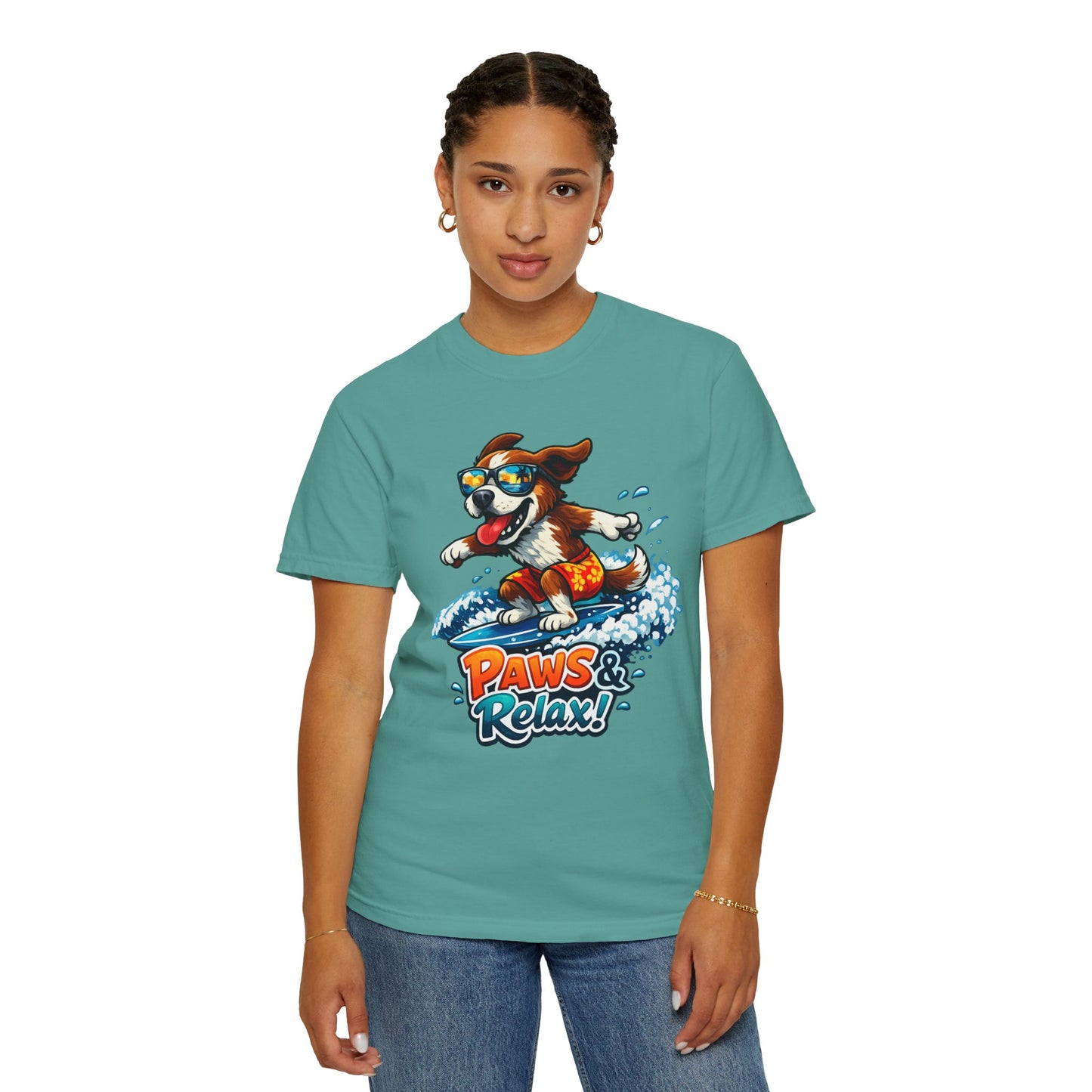 Surfing Dog T-Shirt — "Paws & Relax" Graphic Tee