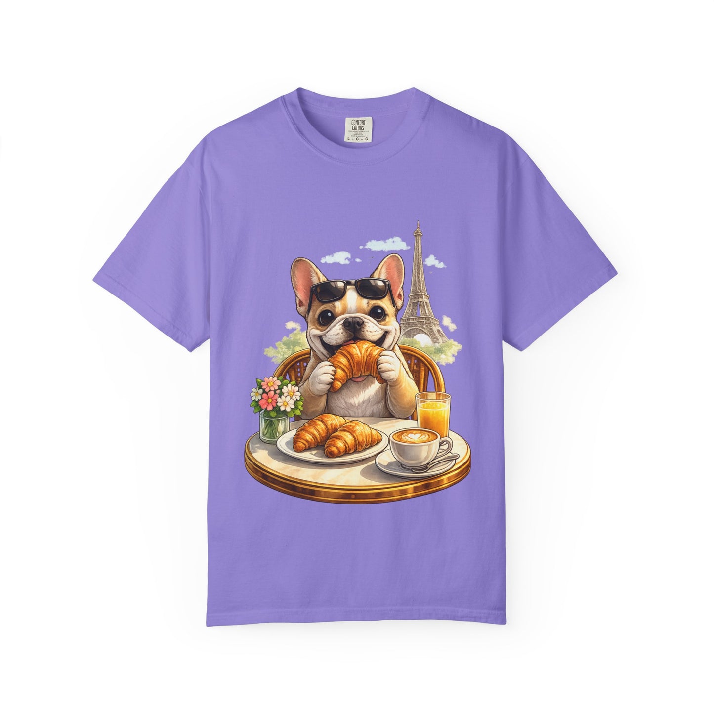 French Bulldog Breakfast T-Shirt — Croissant Café Tee with Eiffel Tower
