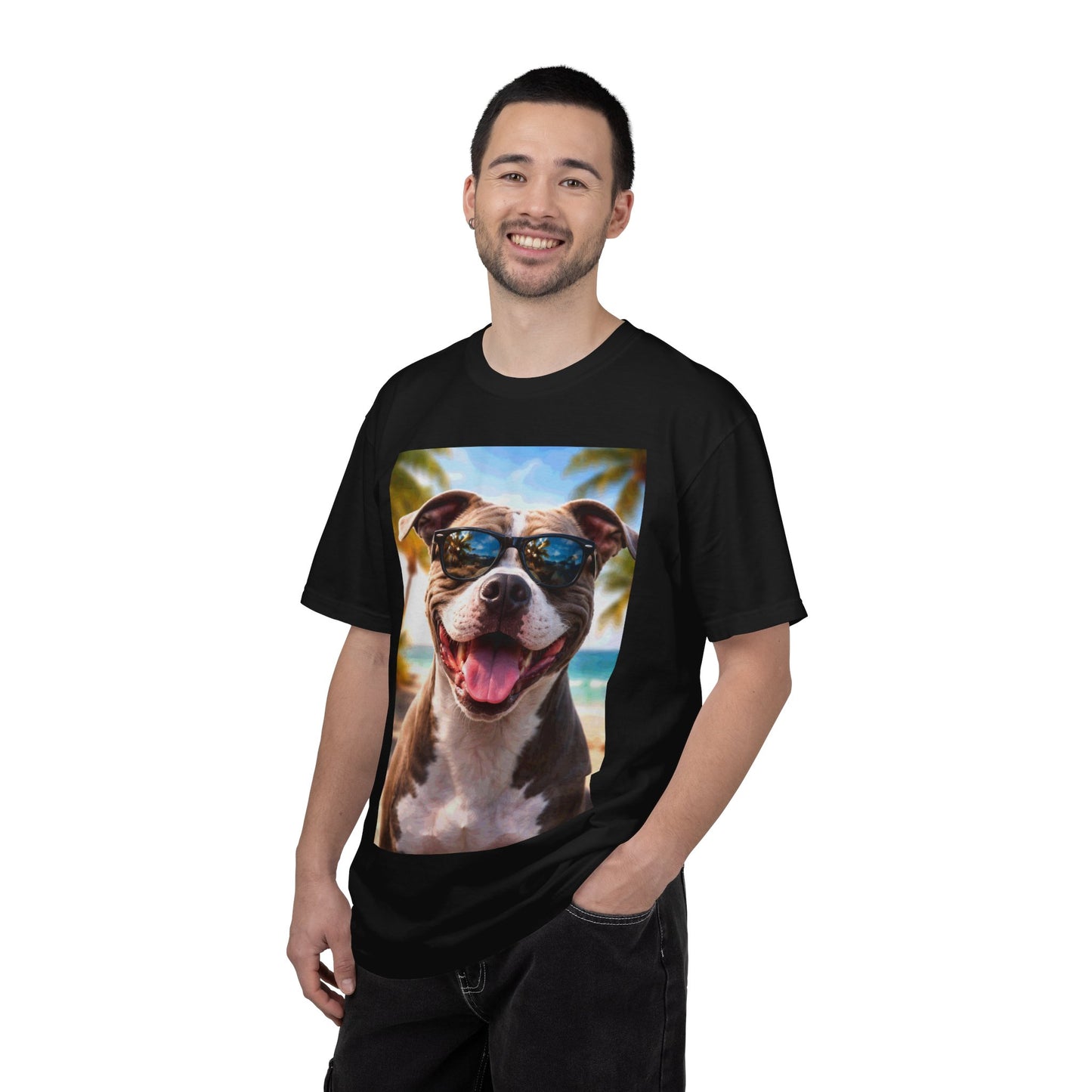 Happy Dog in Sunglasses T-Shirt — Summer Beach Pitbull Graphic Tee