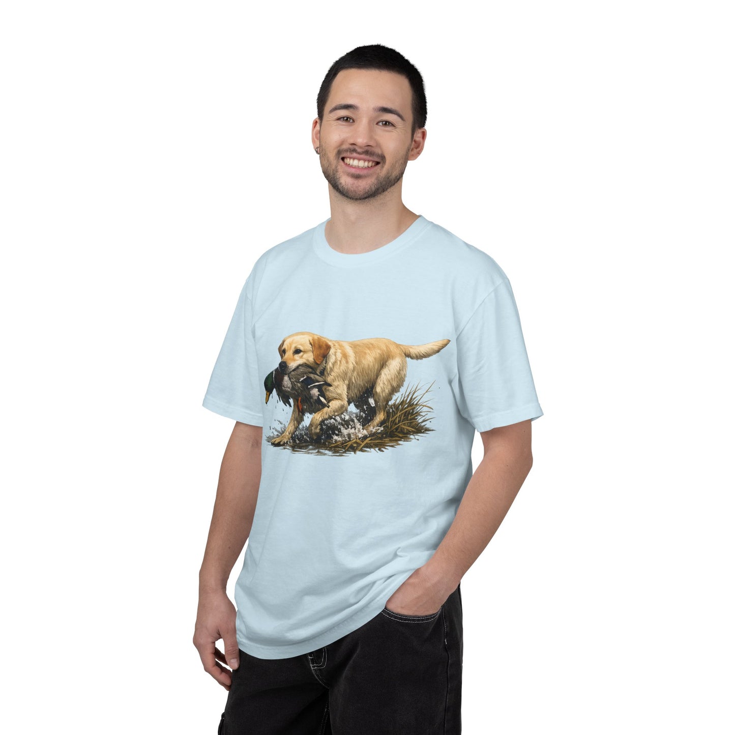 Labrador Retriever Hunting Dog T-Shirt — Yellow Lab with Duck Graphic