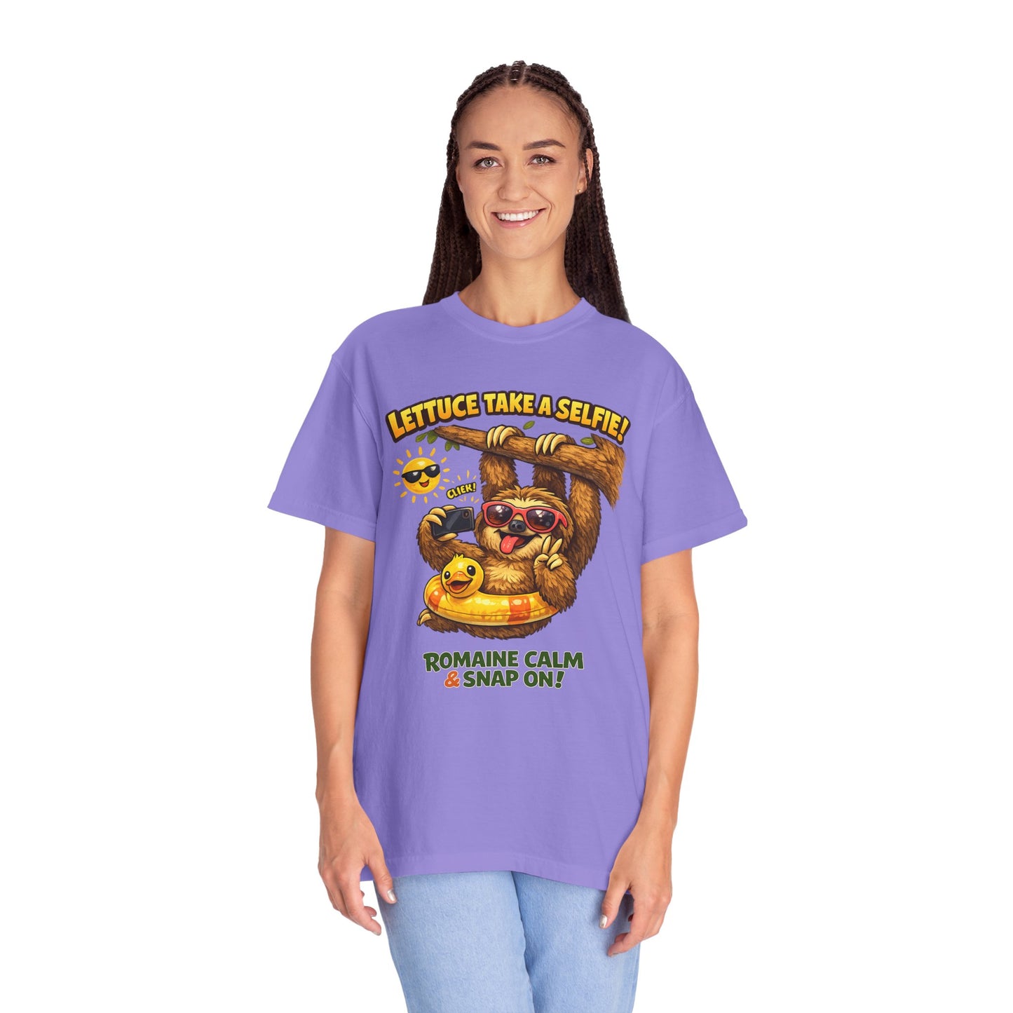 Romaine Calm & Snap On T-Shirt — 'Lettuce Take a Selfie' Sloth Graphic Tee