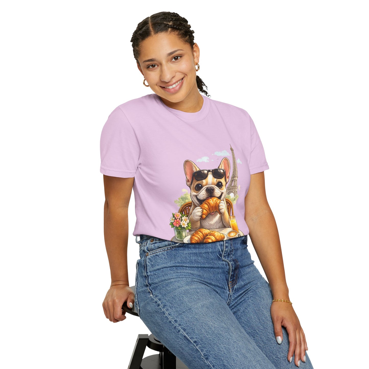 French Bulldog Breakfast T-Shirt — Croissant Café Tee with Eiffel Tower