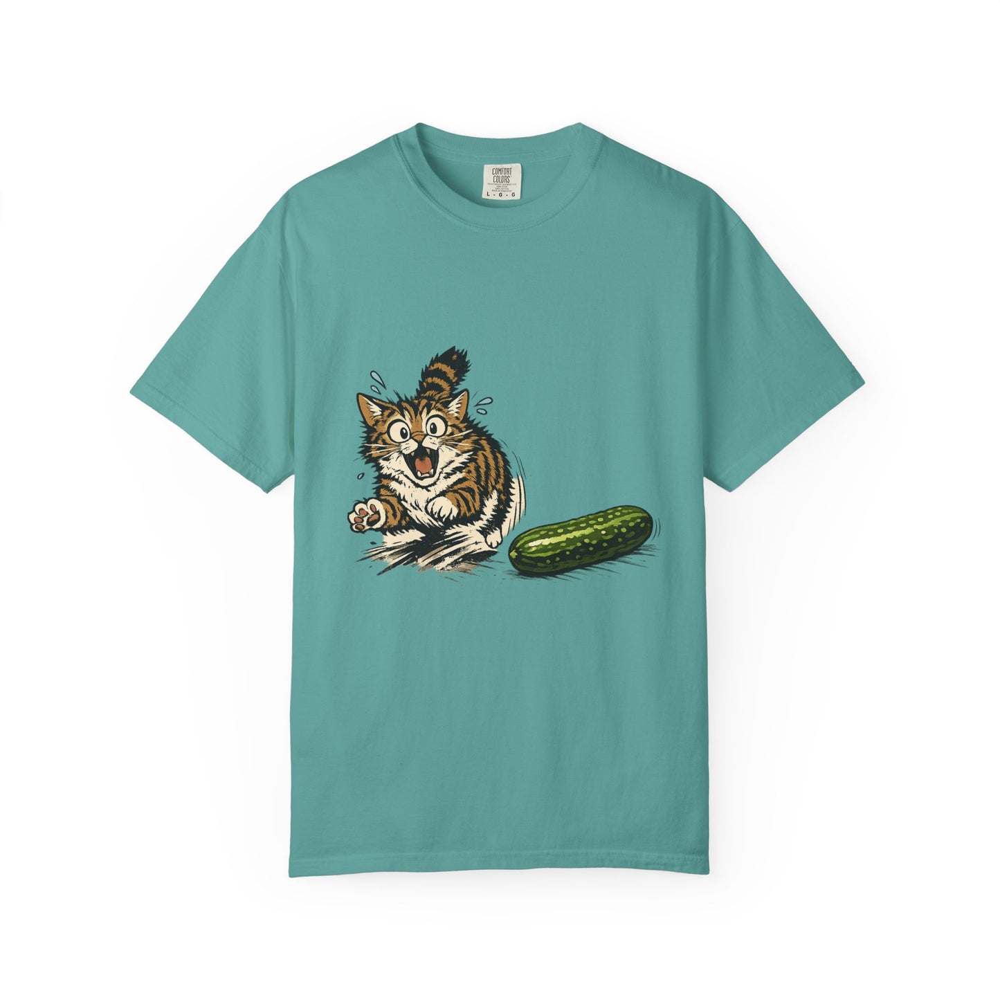 Cat and Cucumber Fear Graphic T-Shirt — Surprised Kitten with Cucumber Illustration