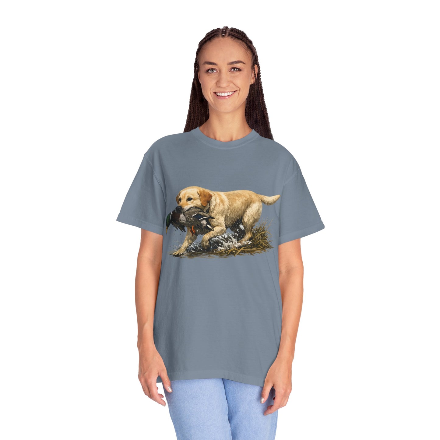 Labrador Retriever Hunting Dog T-Shirt — Yellow Lab with Duck Graphic